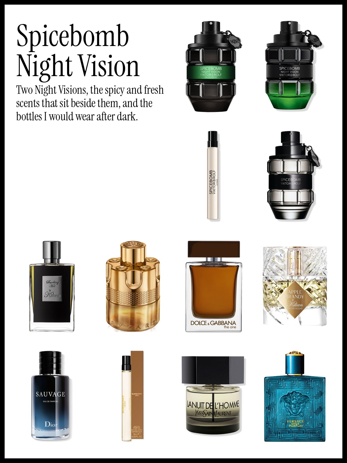 Collage of Viktor&Rolf Spicebomb Night Vision Eau de Parfum and Eau de Toilette with Kilian Paris Smoking Hot and Apple Brandy