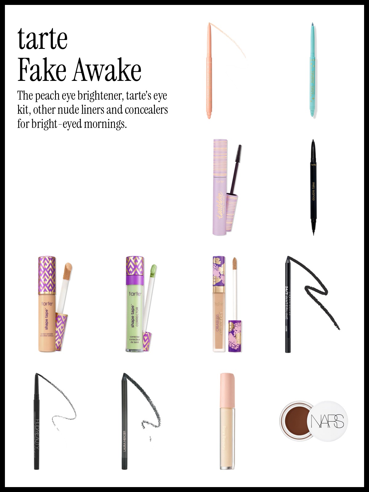 Collage of tarte Fake Awake Waterproof Gel Eyeliner Highlight, tarte Shape Tape Concealer and Urban Decay 24/7 Waterline Eyeliner Pencil