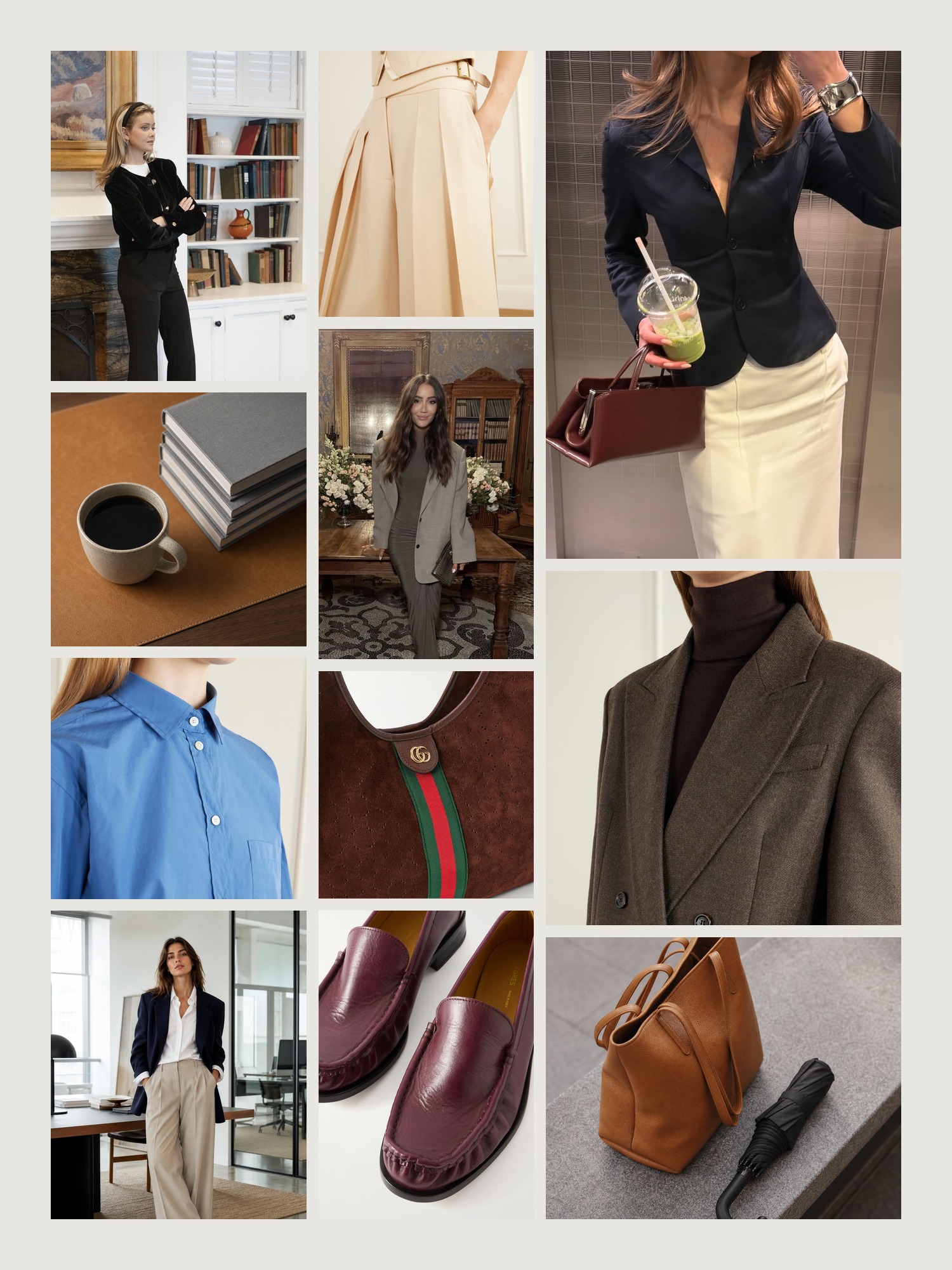Mood board of interview outfits in grey, camel and black