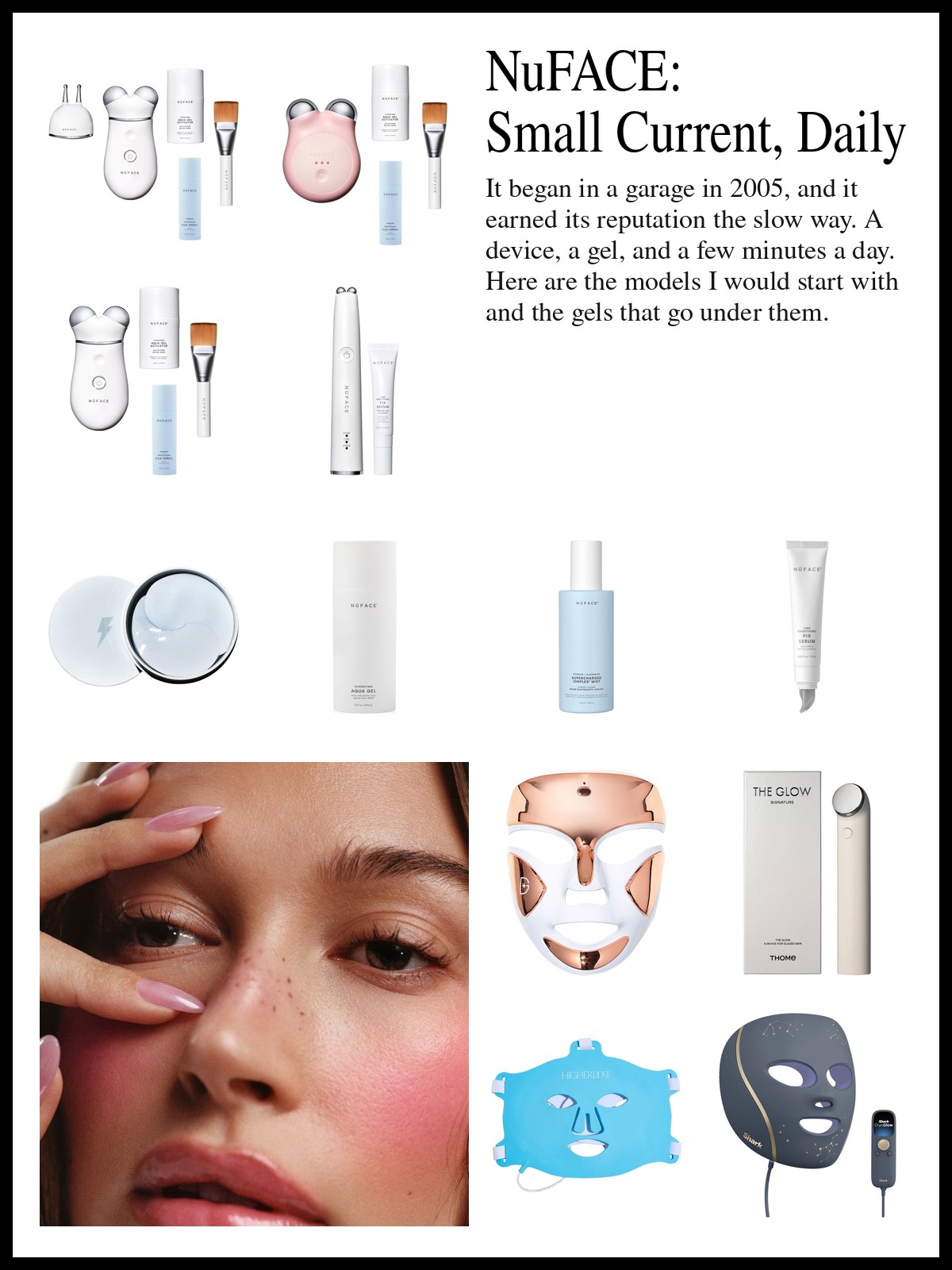 Collage of microcurrent devices, gels, mists and LED masks beside a close-up photo of a woman with pink cheeks, freckles, glossy lips and long pale pink nails resting a hand on her forehead.