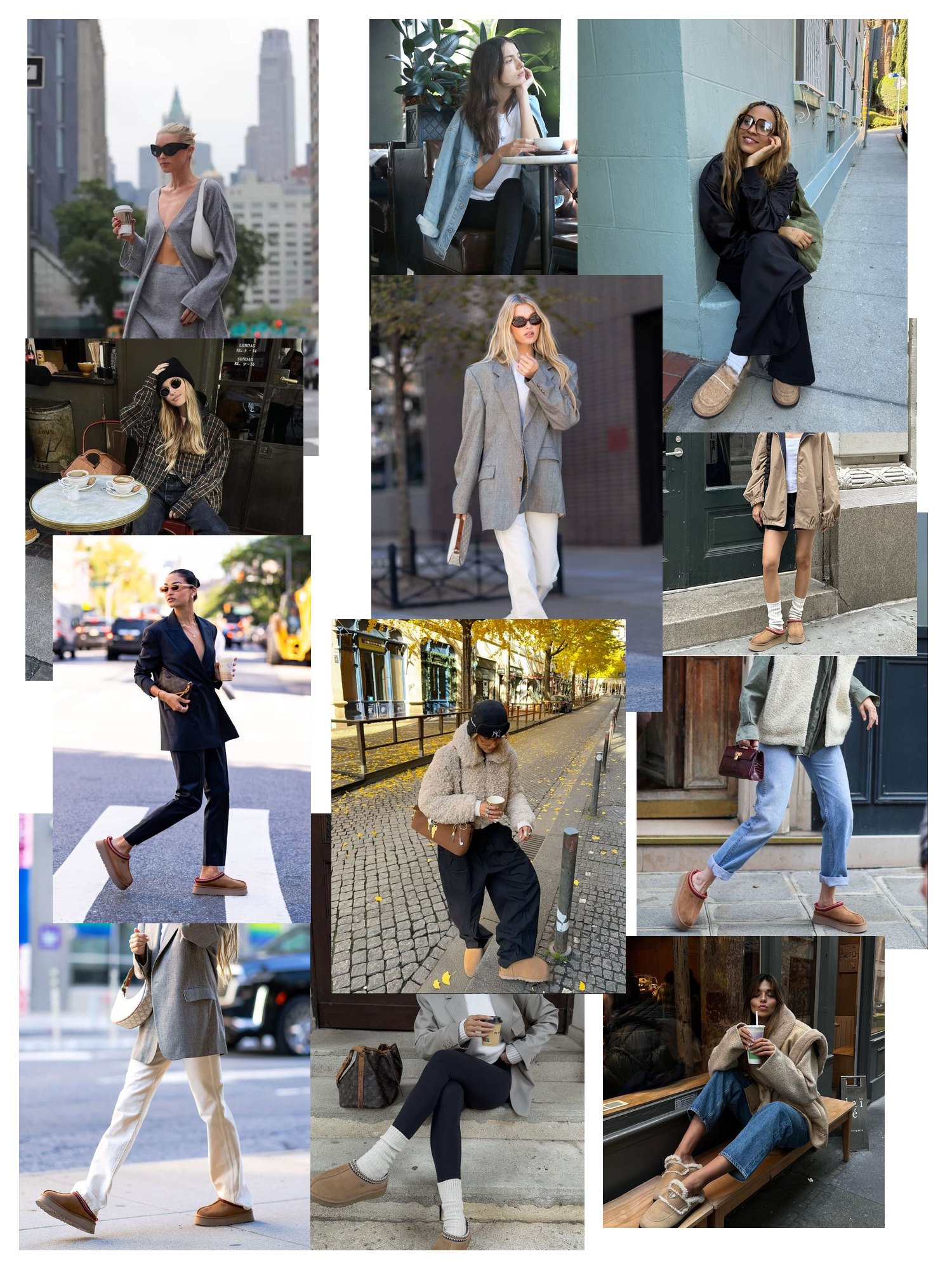 Street-style collage of 12 outfit photos featuring ugg slippers, scattered and overlapping