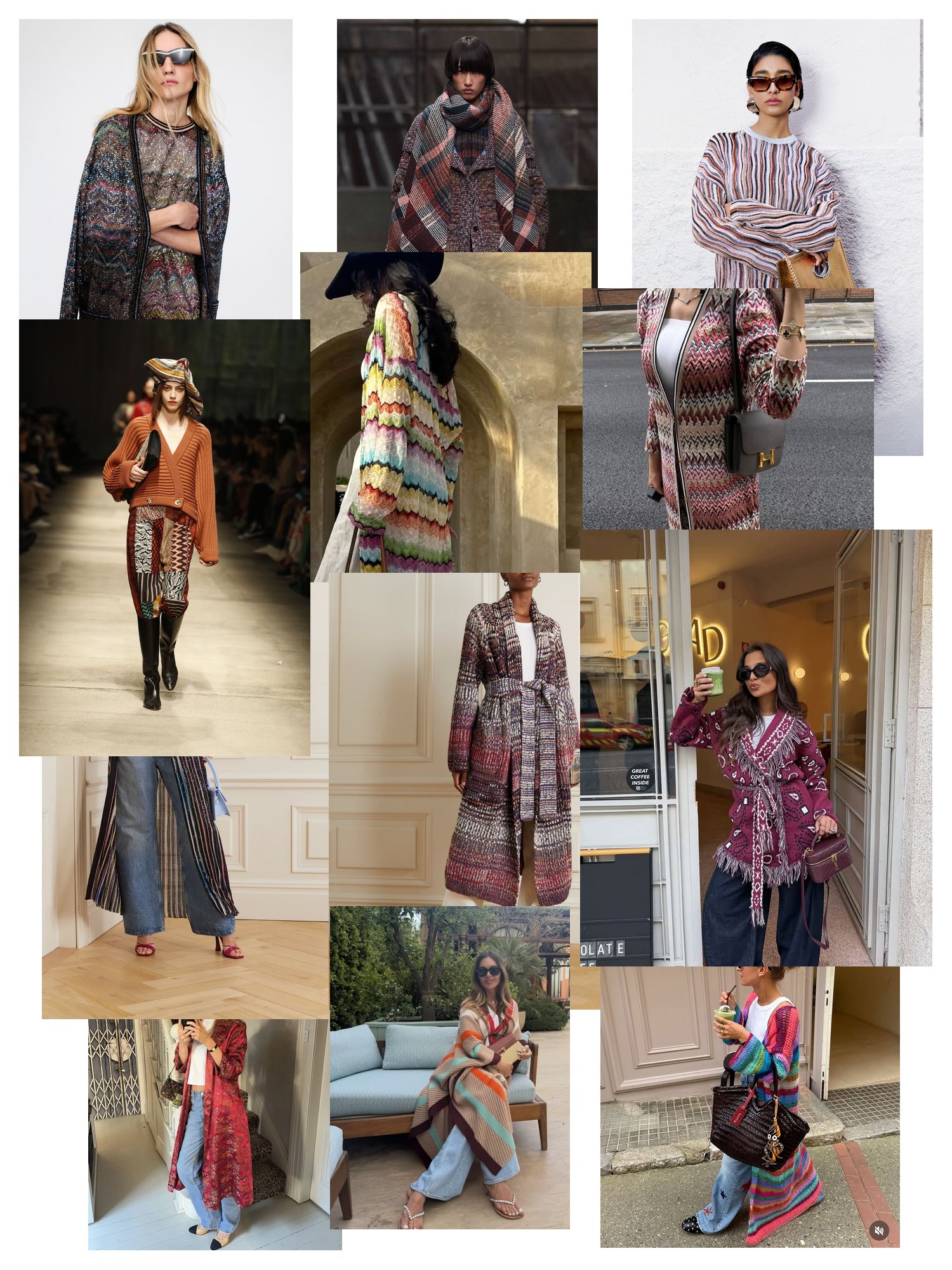 Street-style collage of 12 outfit photos featuring missoni robe, scattered and overlapping