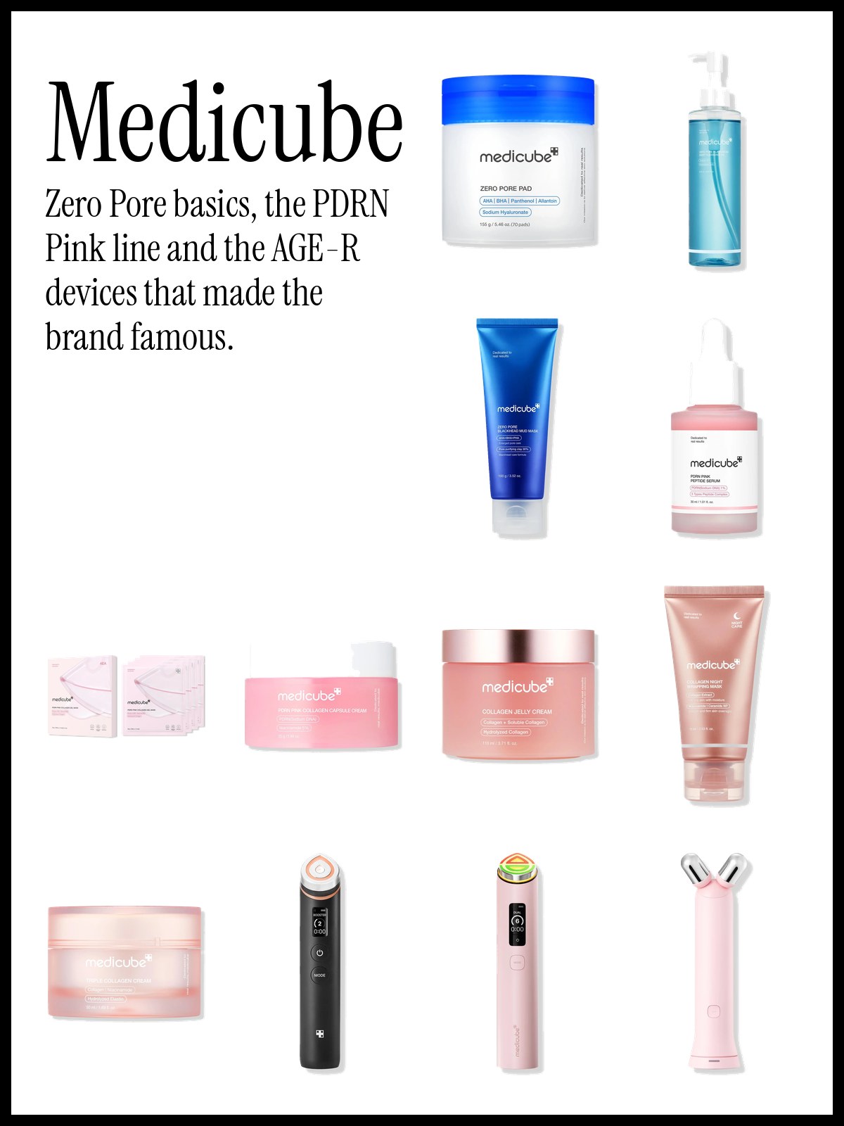 Collage of medicube pore care pads, PDRN Pink serums and AGE-R devices