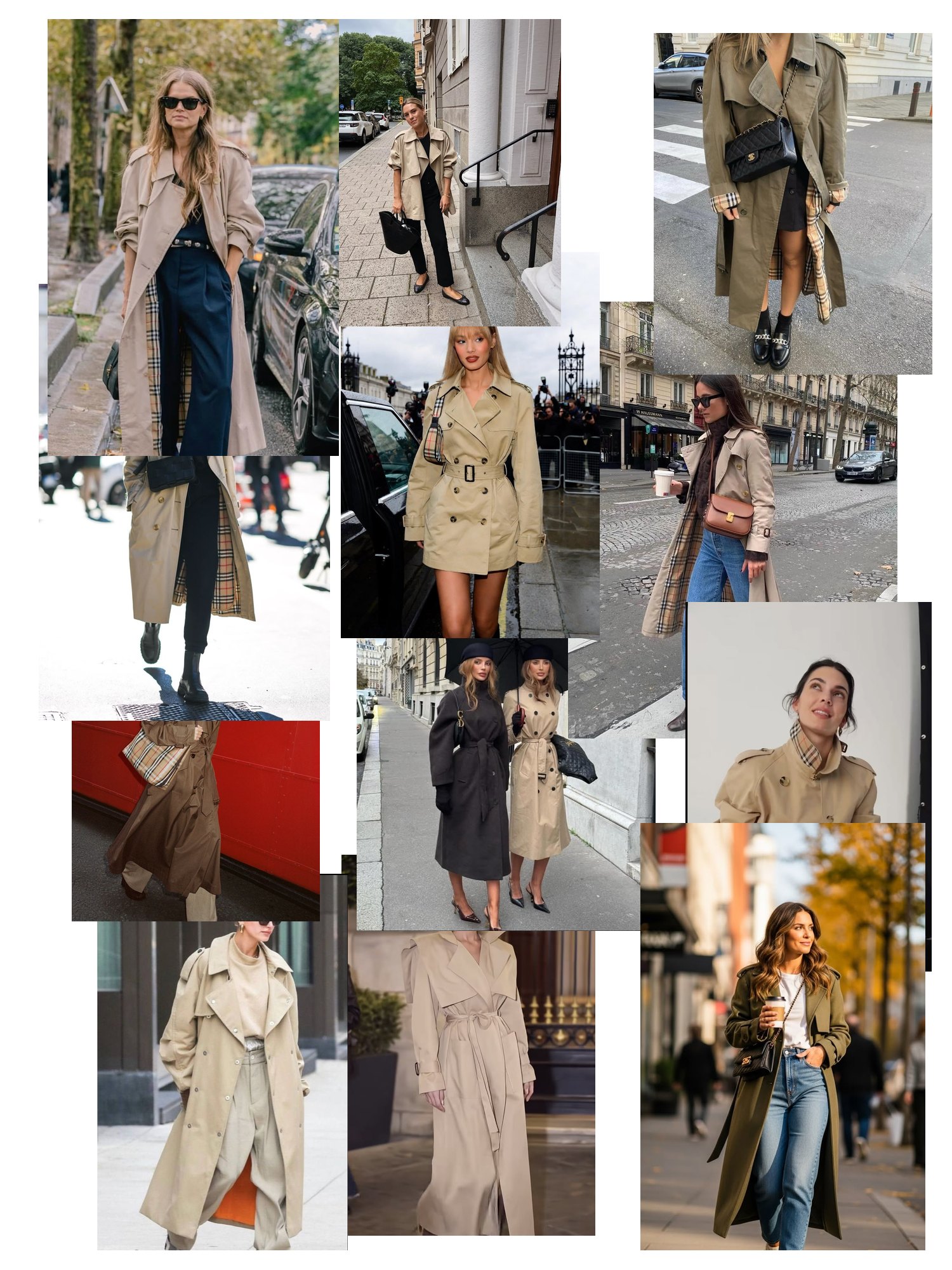 Street-style collage of 12 outfit photos featuring burberry trench coat, scattered and overlapping