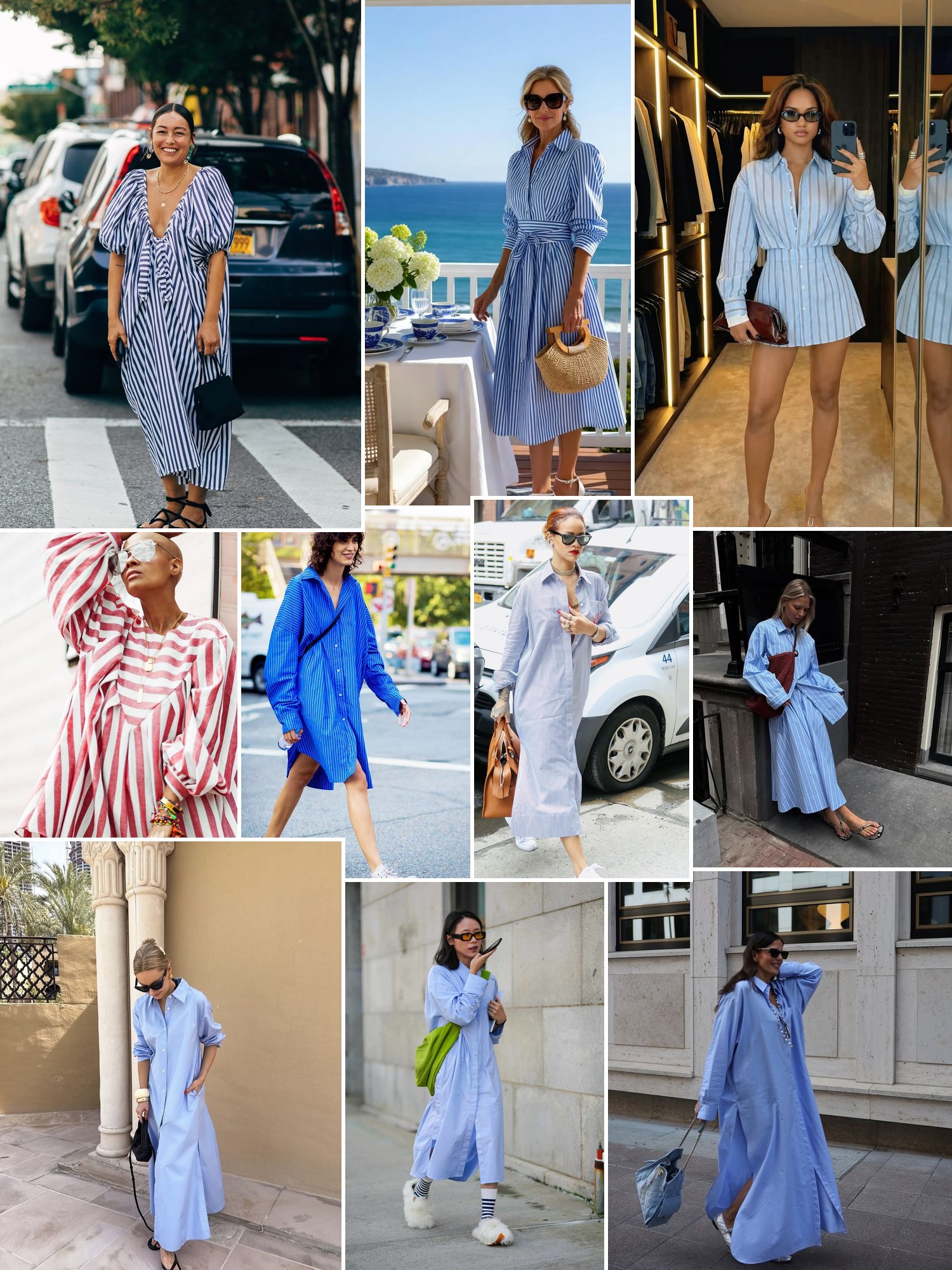 Collage of striped and poplin shirt dresses in street style