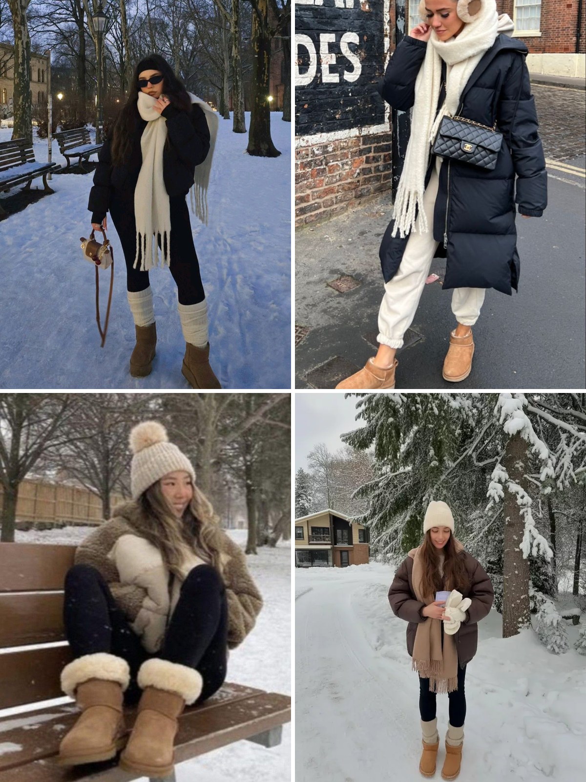 Winter street style photos of women wearing UGG boots in the snow