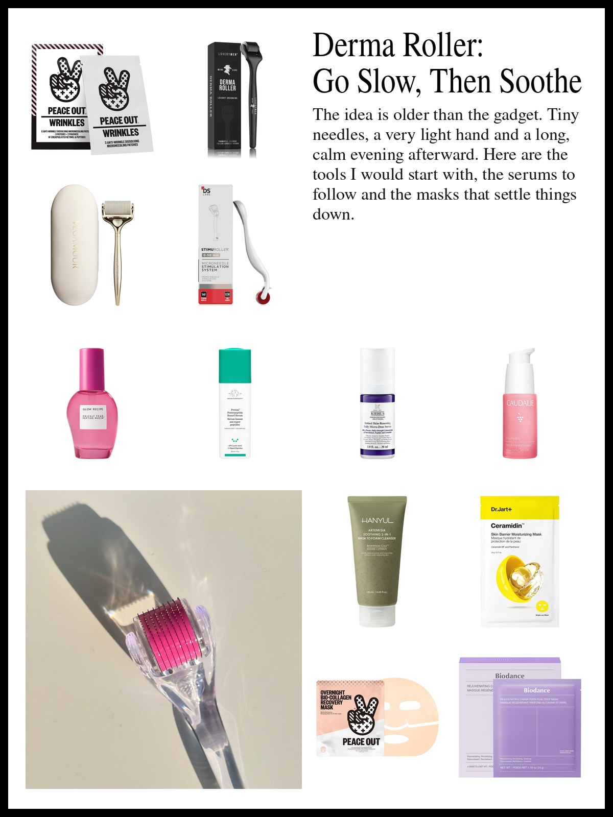 Collage of rollers, serums and masks beside a photo of a tall stack of lipstick, mascara, a frosted blue essence bottle, foundation and a gold-handled brush on a white background.