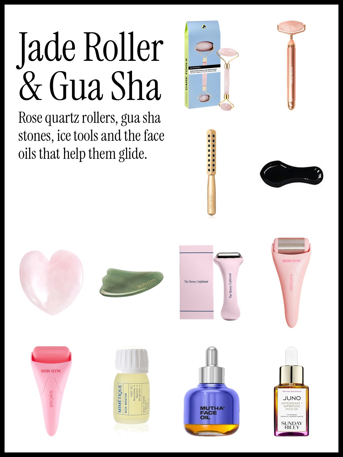 Collage of face rollers, gua sha stones and ice tools including Sephora Collection rose quartz, Skin Gym, KORA Organics and The Skinny Confidential