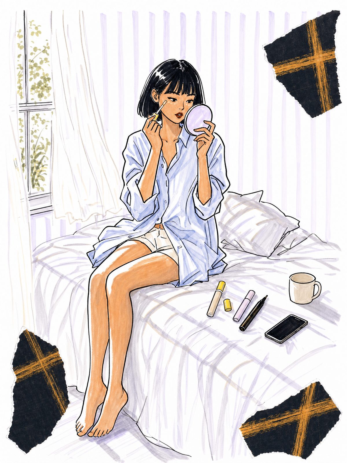 Illustration of a woman with a black bob and bangs in an oversized blue shirt sitting on a sunny bed, tapping concealer under her eye with a hand mirror, three concealers on the sheets beside her