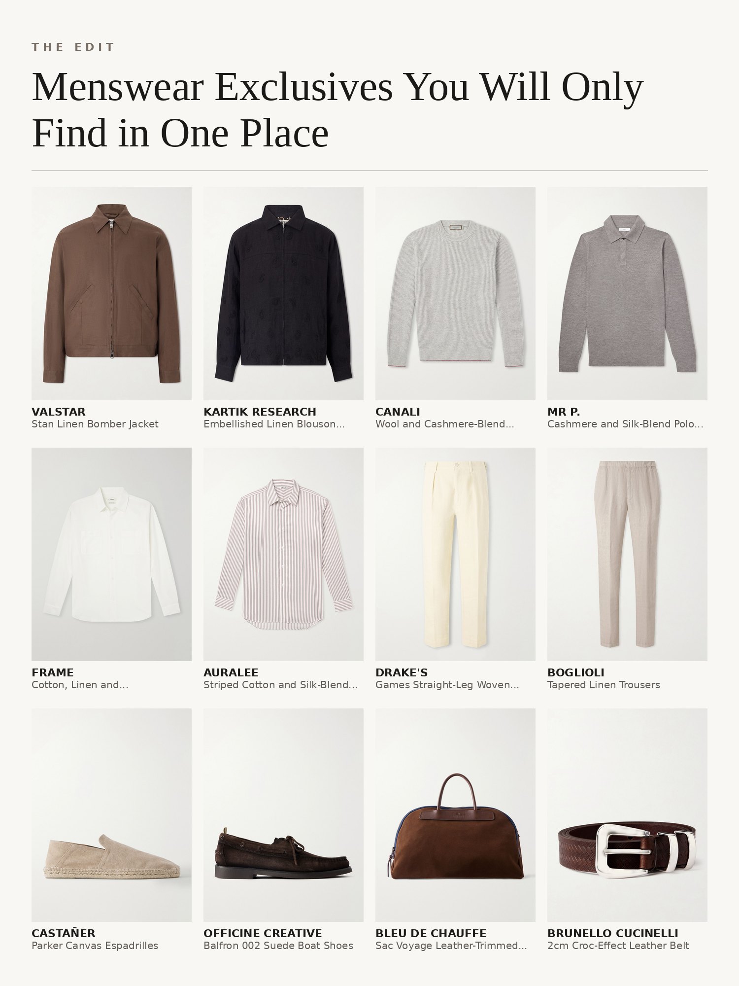 Collage of menswear from independent labels: linen blousons, cashmere sweaters, camp-collar shirts, linen trousers, suede boat shoes and a weekend bag