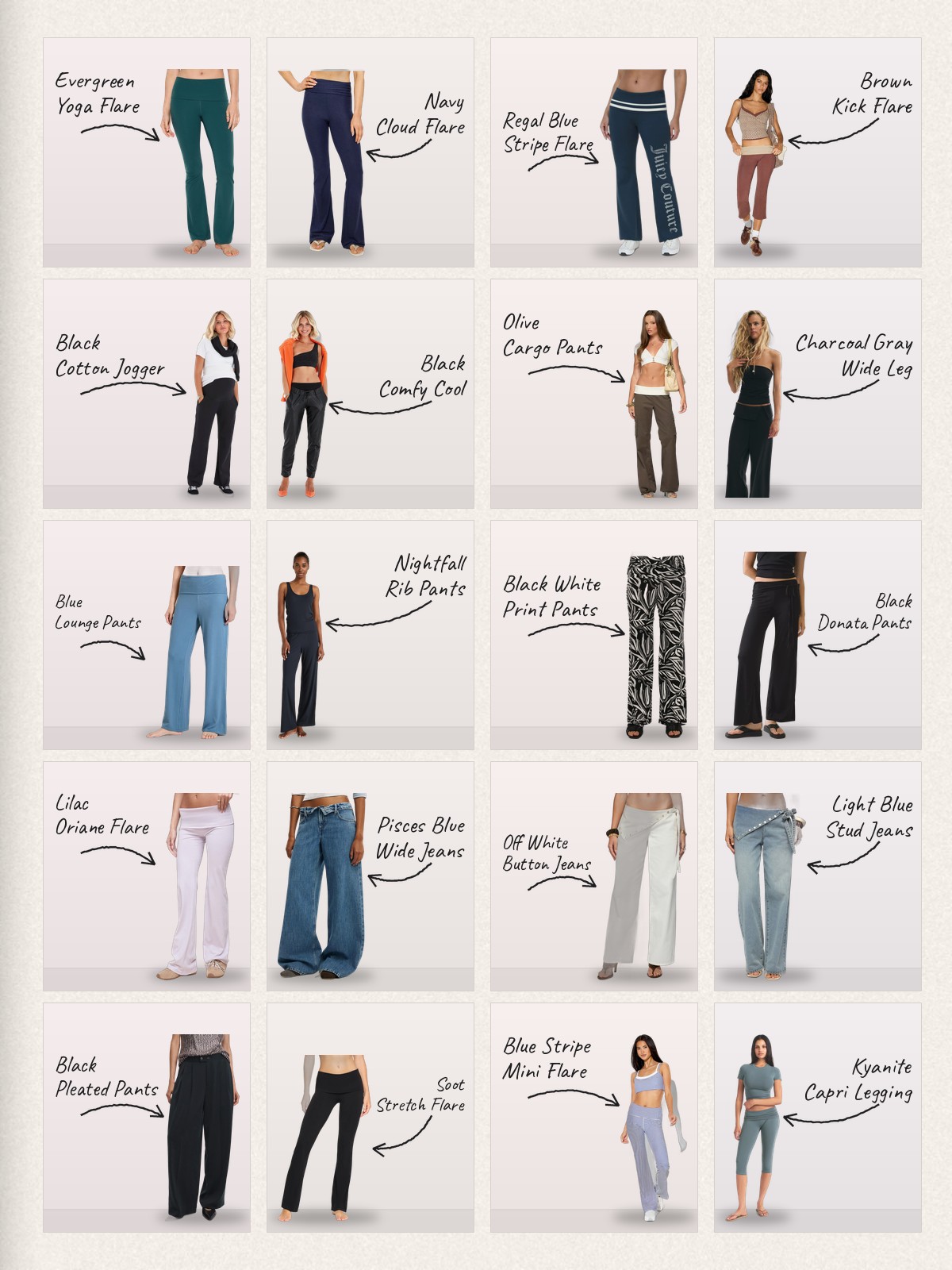 Collage: twenty Foldover pants products with handwritten labels