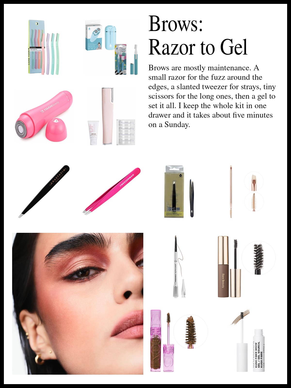 Collage of facial razors, slant tweezers, brow brushes and brow gels beside a close-up of a face with full, groomed brows.