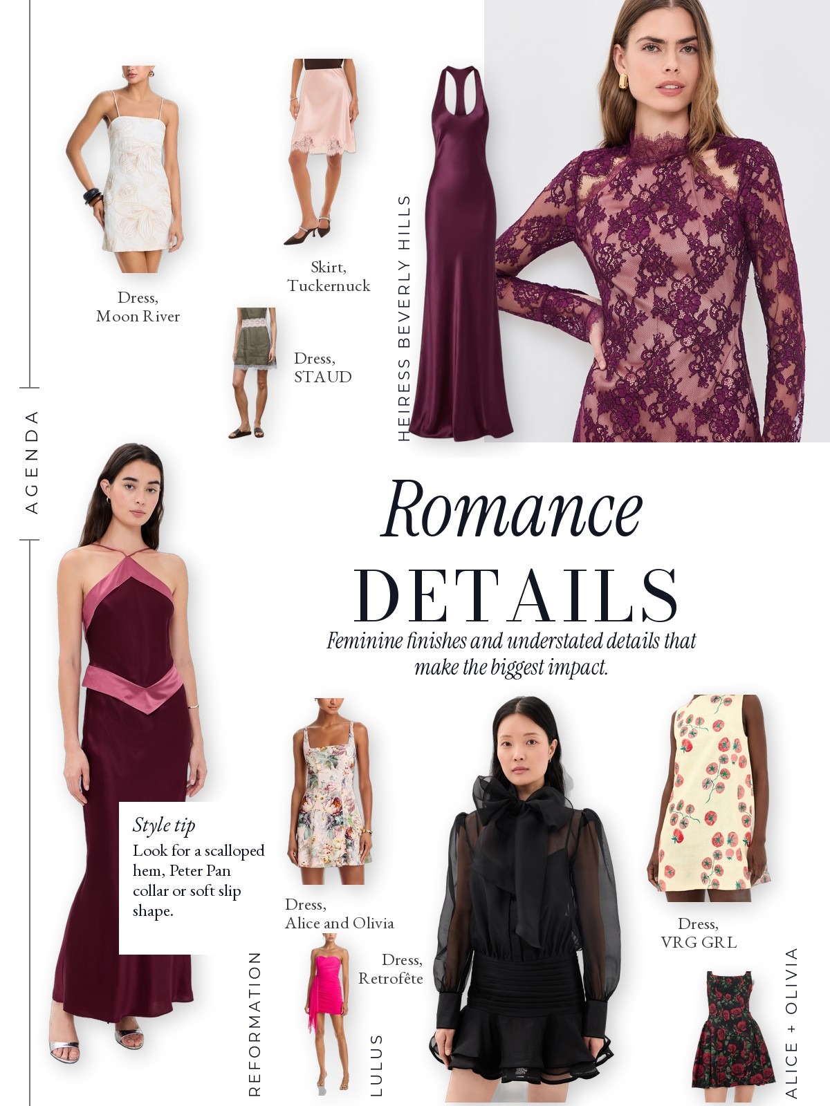 Romance Details collage with picks from LoveShackFancy, Guizio, Tularosa and Marques'Almeida