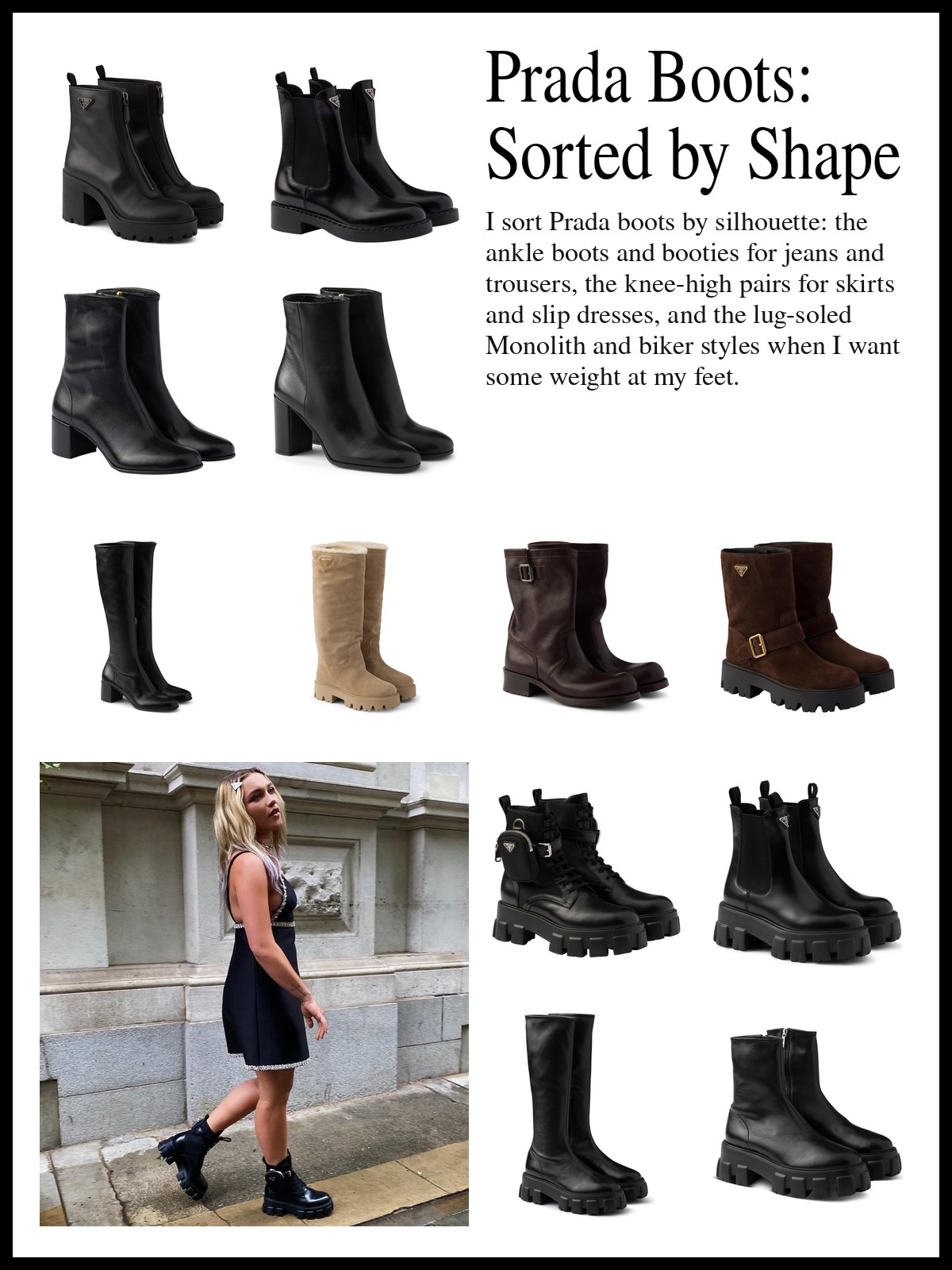 Collage of Prada leather and suede ankle booties, knee-high and mid-calf boots, and Monolith lug-sole combat, biker and snow boots, and a mood photo of a black mini dress worn with chunky lug-sole boots on a city sidewalk.