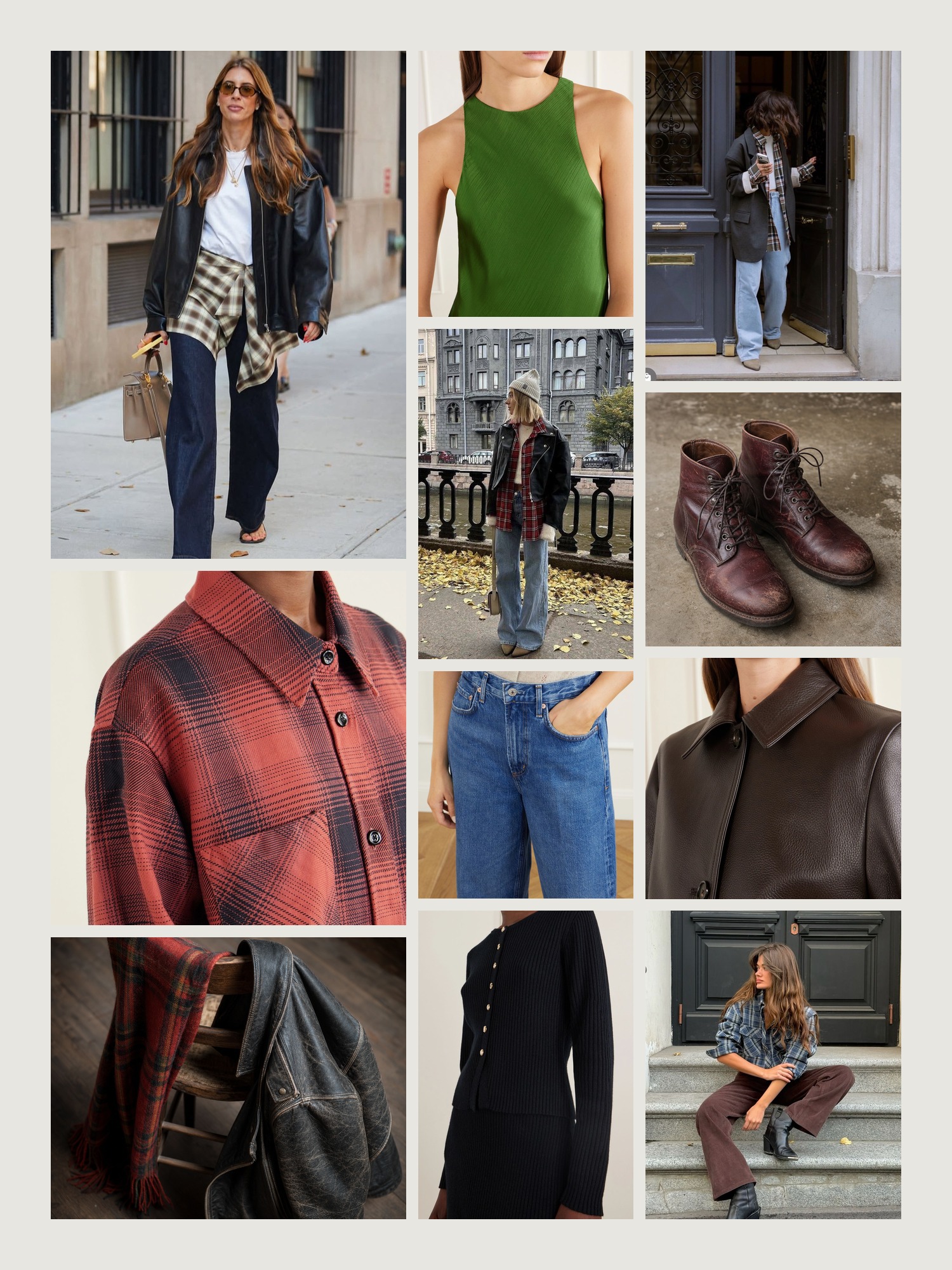 Mood board of grunge style in plaid, black and oxblood