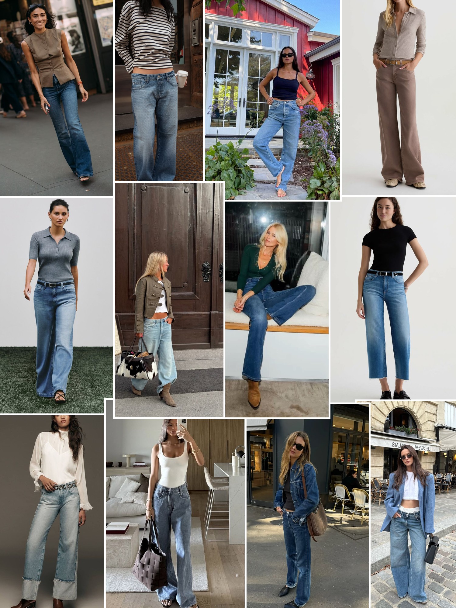 Collage of runway looks, campaign shots and street style outfits that capture the AG Jeans mood