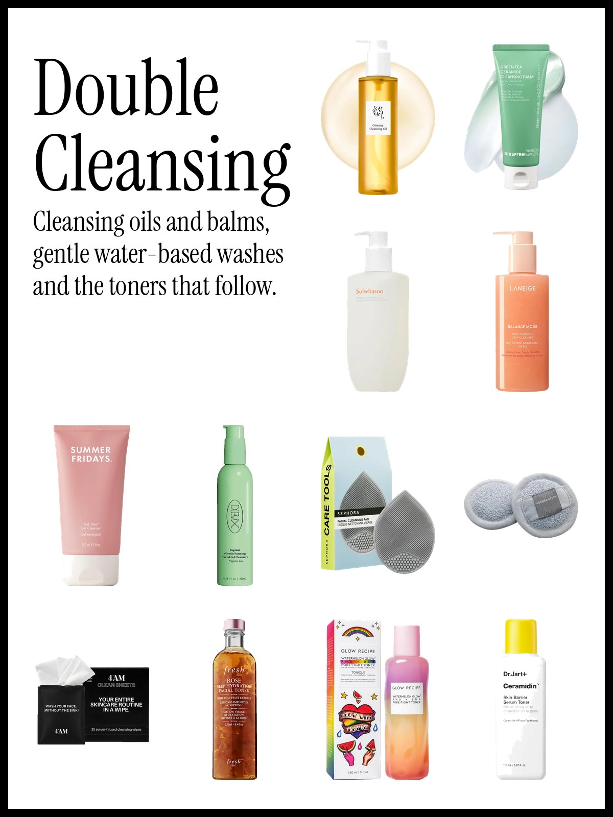 Collage of cleansing oils, balms, gel cleansers and toners including Beauty of Joseon, Sulwhasoo, Laneige, Summer Fridays and Dieux
