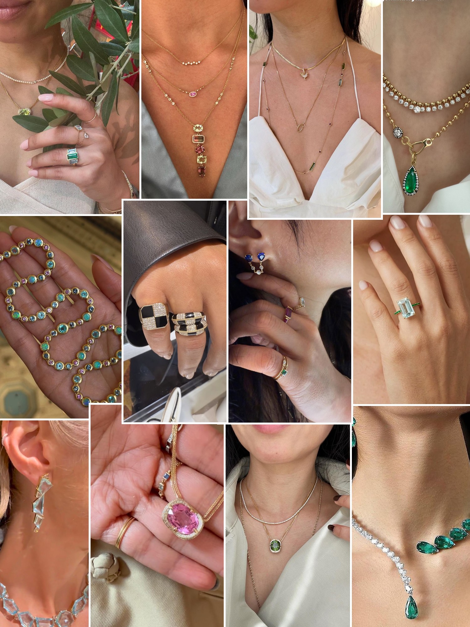 Collage of rings, earrings and layered necklaces worn up close, in the spirit of Yi Collection