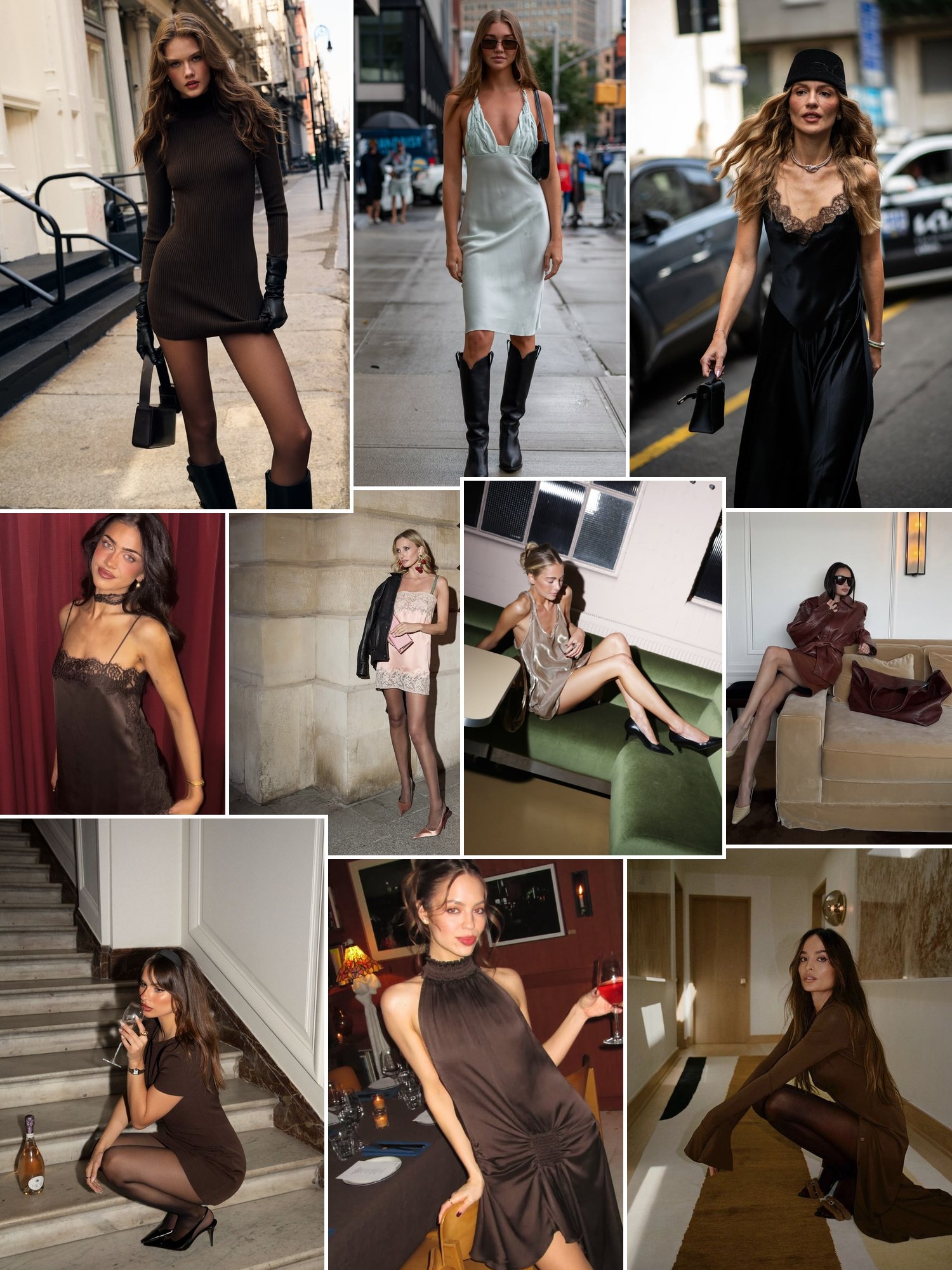 Collage of lace, sheer and brown night out dresses