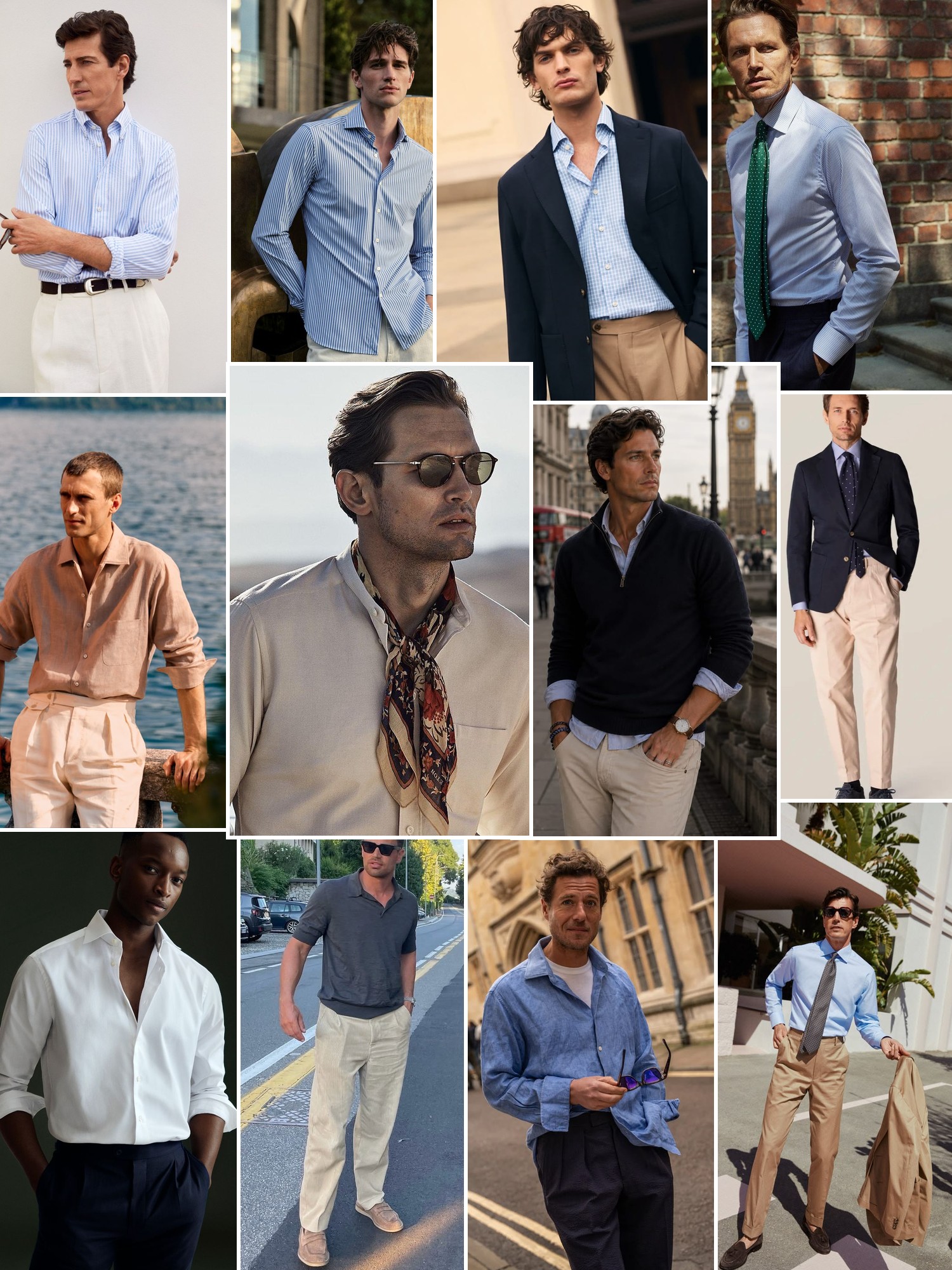 Collage of menswear in crisp shirts, relaxed tailoring and smart casual layers across city and seaside settings
