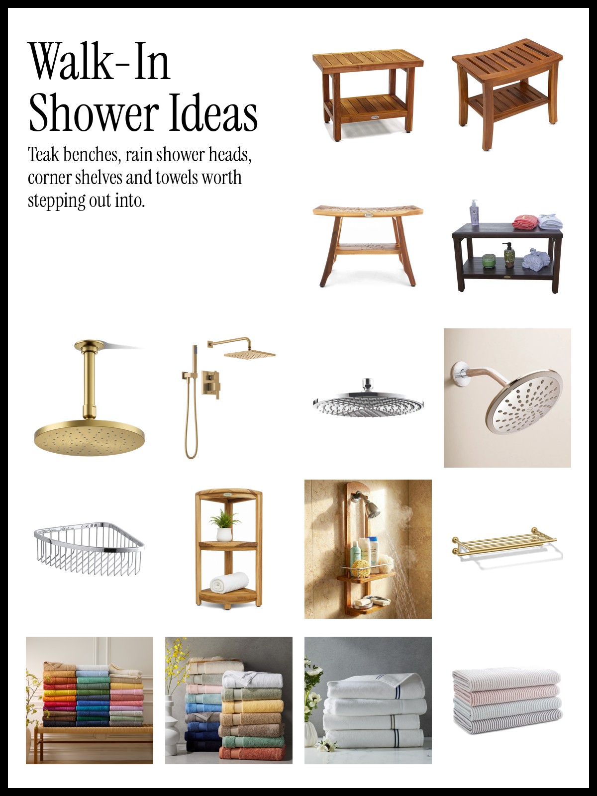 Collage of teak shower benches, rain shower heads, shower shelves and bath towels