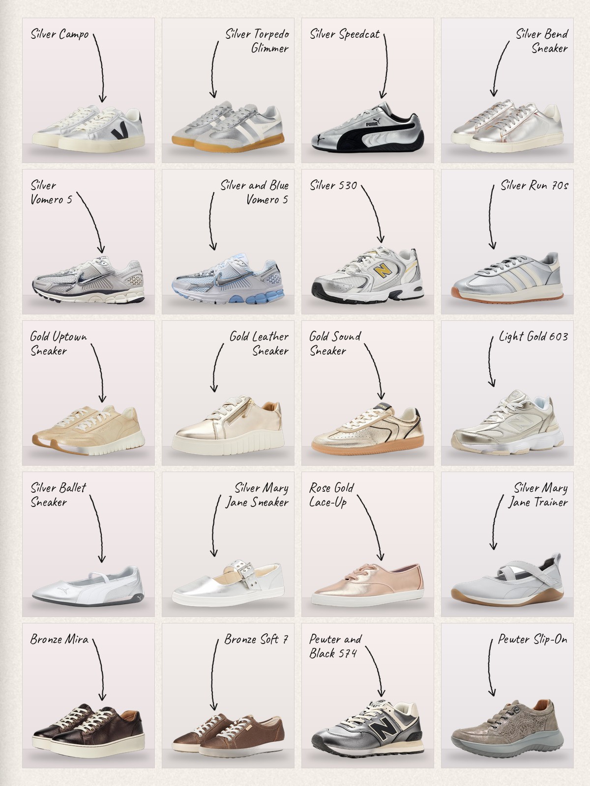 Collage of 20 pieces for metallic sneakers