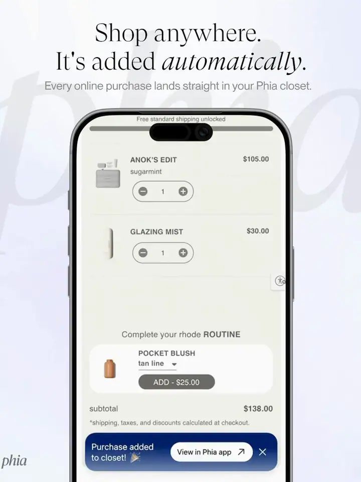 Phia animation: shop anywhere and the purchase is added to your Phia closet automatically