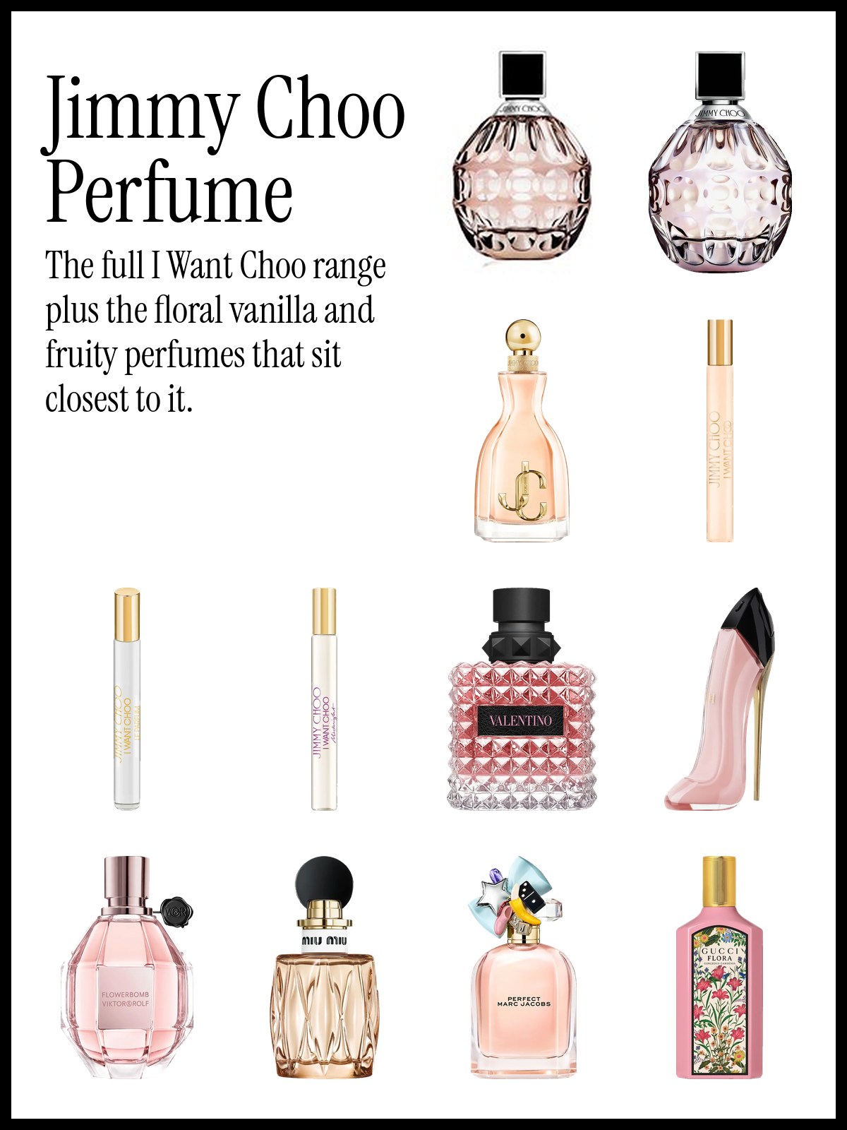 Collage of Jimmy Choo I Want Choo perfume bottles with floral vanilla perfume alternatives