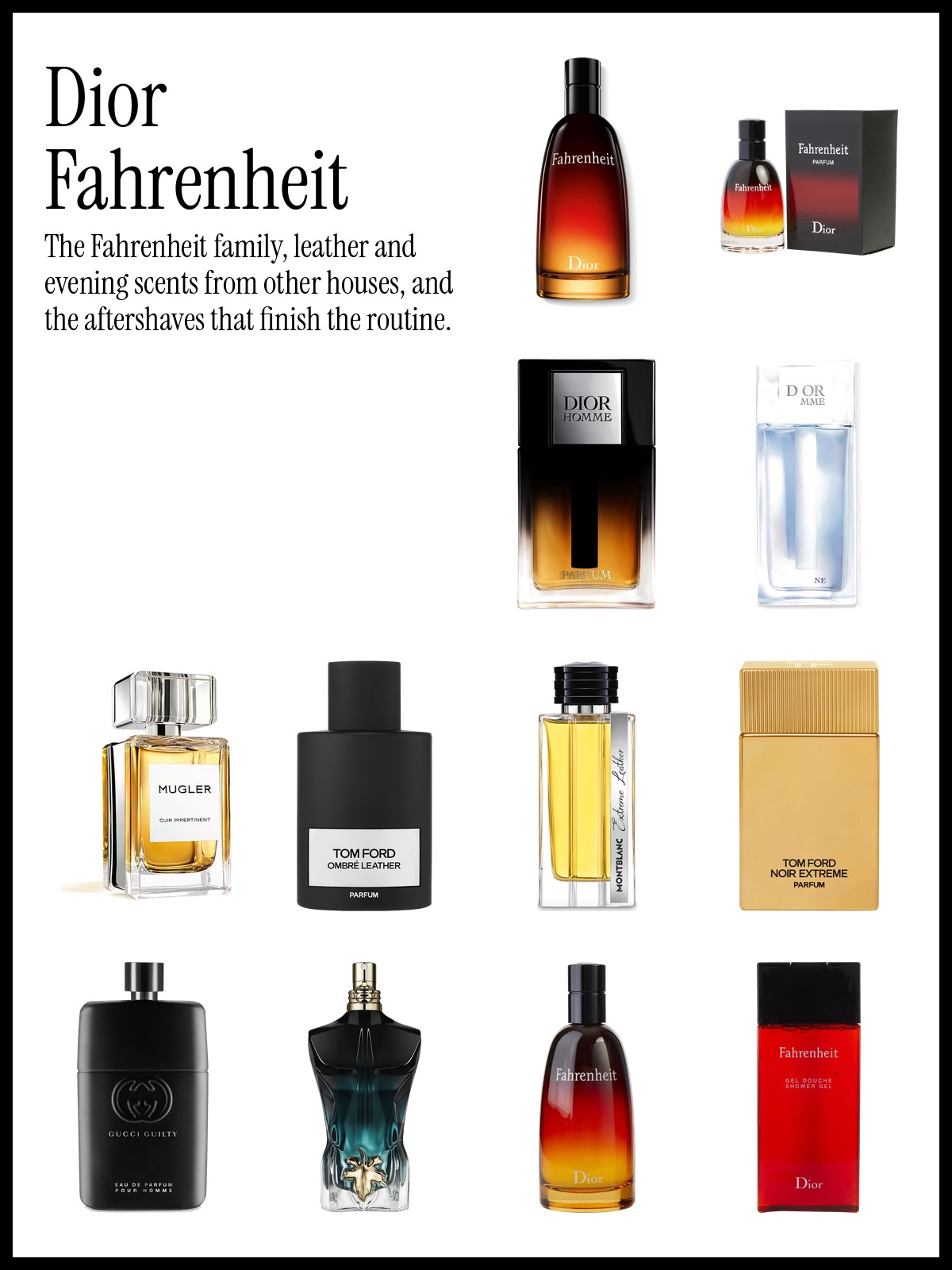 Collage of Dior Fahrenheit Eau de Toilette, Mugler Cuir Impertinent and Tom Ford Noir Extreme Parfum men's fragrances