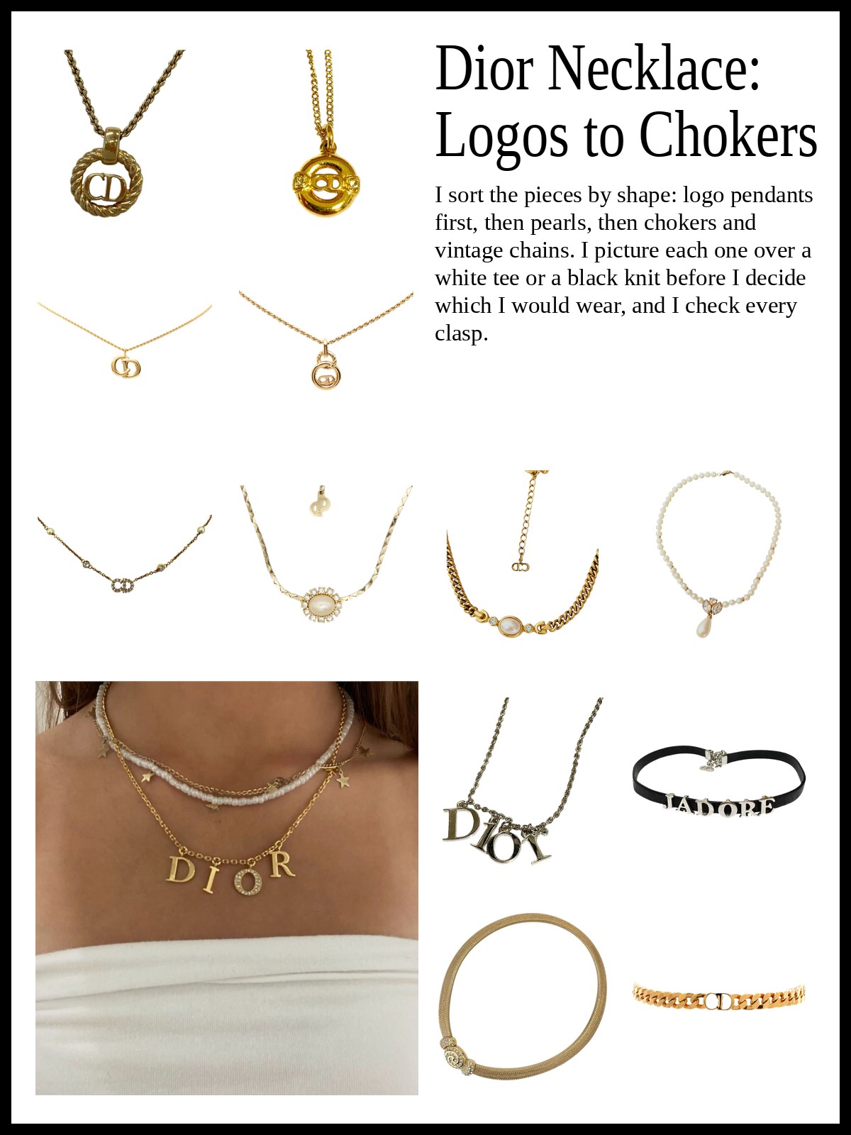 Collage of gold CD and logo pendant necklaces, pearl and crystal drop necklaces, and chain chokers and vintage pendants, and a mood photo of a layered gold letter necklace
