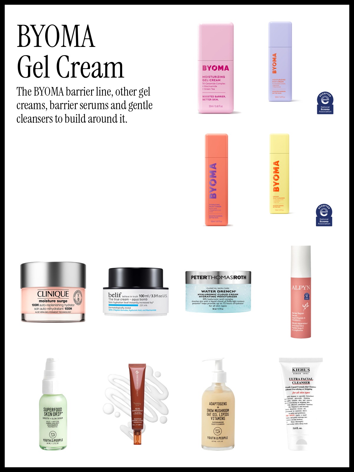 Collage of BYOMA Gel Cream Moisturizer, Clinique Moisture Surge 100H Gel-Cream Moisturizer and ALPYN 3-in-1 Barrier Repair Serum