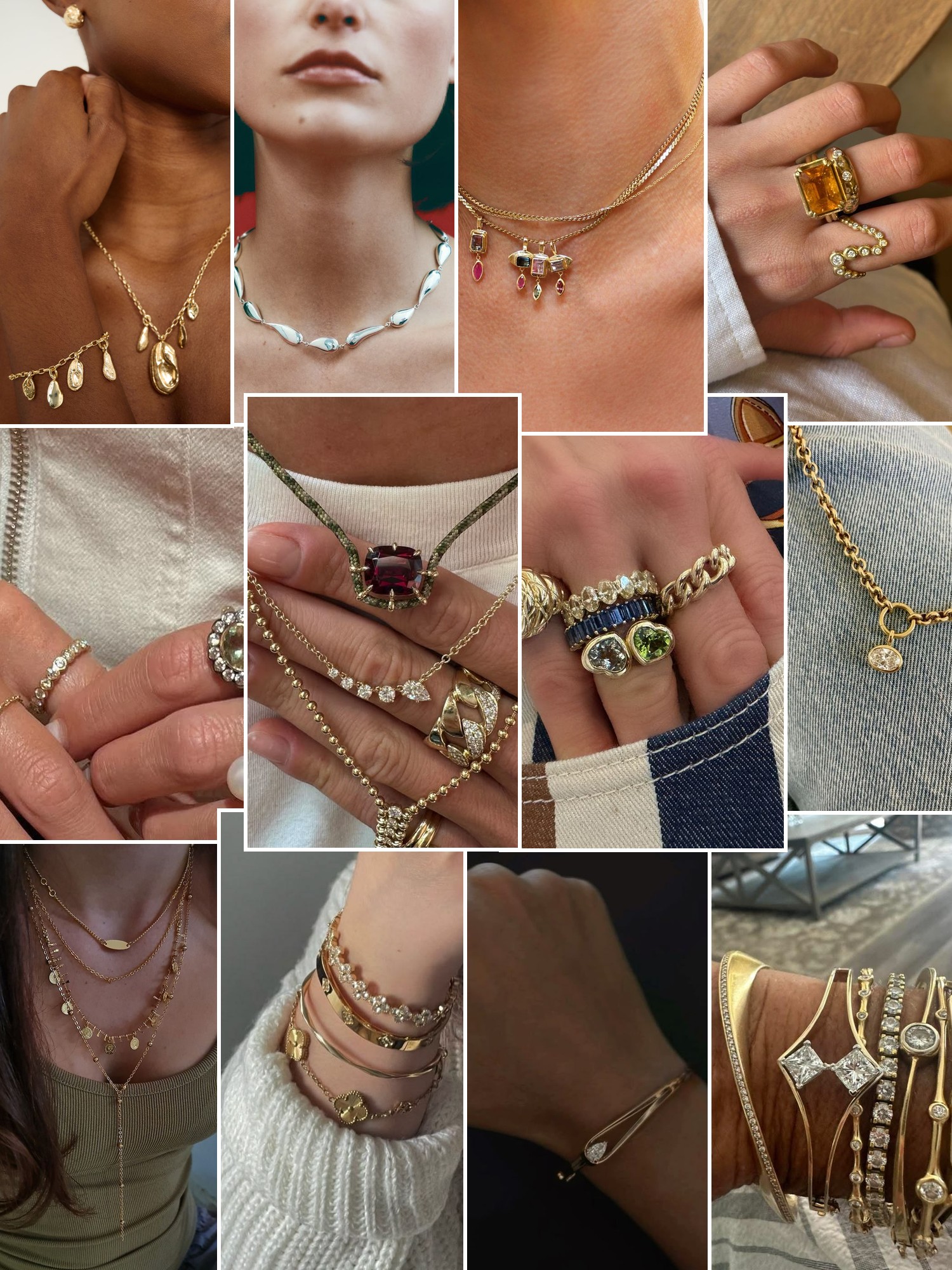 Collage of rings, earrings and layered necklaces worn up close, in the spirit of ILA