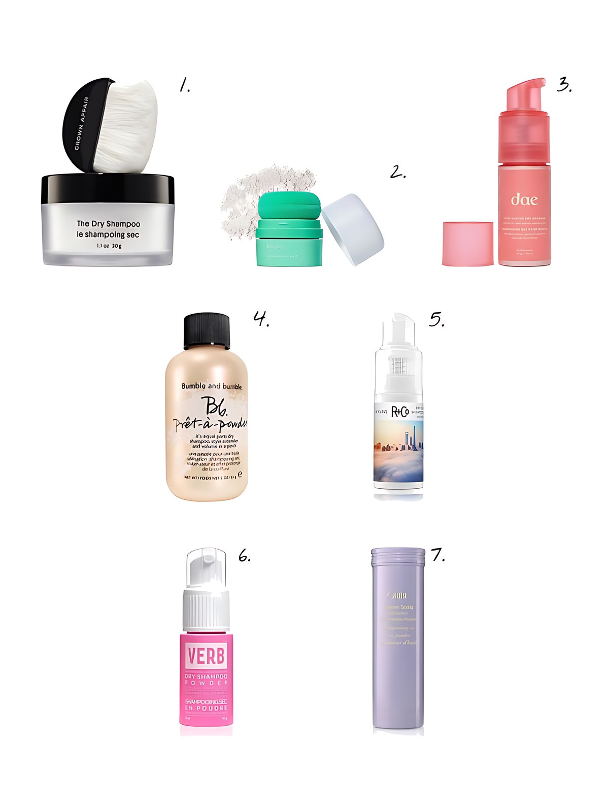 Numbered collage: 1. Crown Affair The Non-Aerosol Dry Shampoo Powder for Oily Hair; 2. Briogeo Style + Treat Non-Aerosol & Talc-Free Dry Shampoo Powder Puff in Translucent; 3. dae Fairy Duster Dry Shampoo Powder; 4. Bumble and bumble Prêt-à-powder Dry Shampoo; 5. R and Co Skyline Dry Shampoo Powder 1 oz.; 6. VERB Dry Shampoo Powder 2 oz.; 7. Oribe Serene Scalp Oil Control Talc Free Dry Shampoo Powder for Oily Scalp 1.6 oz.