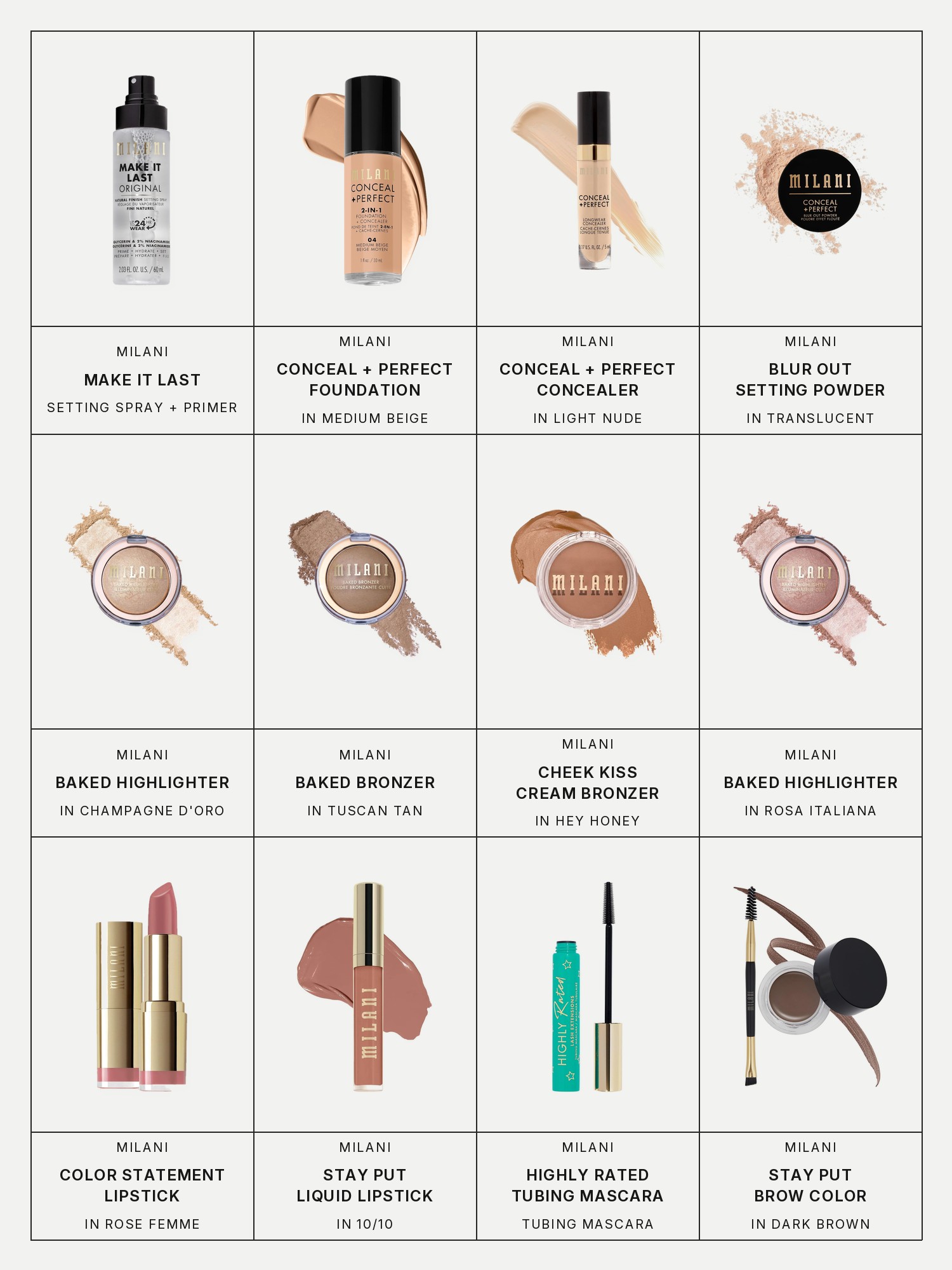 Twelve boxes on a pale gray page, one for each product in this edit, each with its brand and name printed below: Milani Make It Last Setting Spray + Primer, Milani Conceal + Perfect 2-in-1 Foundation + Concealer in Medium Beige, Milani Conceal + Perfect Longwear Concealer in Light Nude, Milani Conceal + Perfect Blur Out Setting Powder in Translucent, Milani Baked Highlighter in Champagne D'Oro, Milani Baked Bronzer in Tuscan Tan, Milani Cheek Kiss Cream Bronzer in Hey Honey, Milani Baked Highlighter in Rosa Italiana, Milani Color Statement Lipstick in Rose Femme, Milani Stay Put Longwear Liquid Lipstick in 10/10, Milani Highly Rated Tubing Mascara and Milani Stay Put Brow Color in Dark Brown.