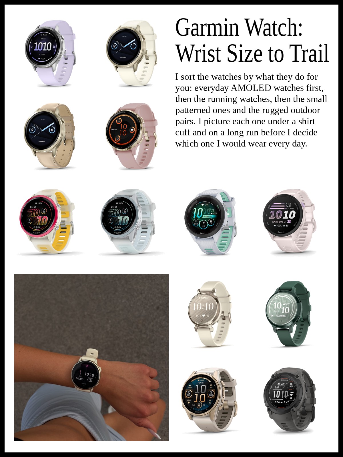Collage of AMOLED everyday smartwatches, Forerunner running watches, and small patterned and rugged outdoor watches, and a mood photo of a cream smartwatch on a wrist