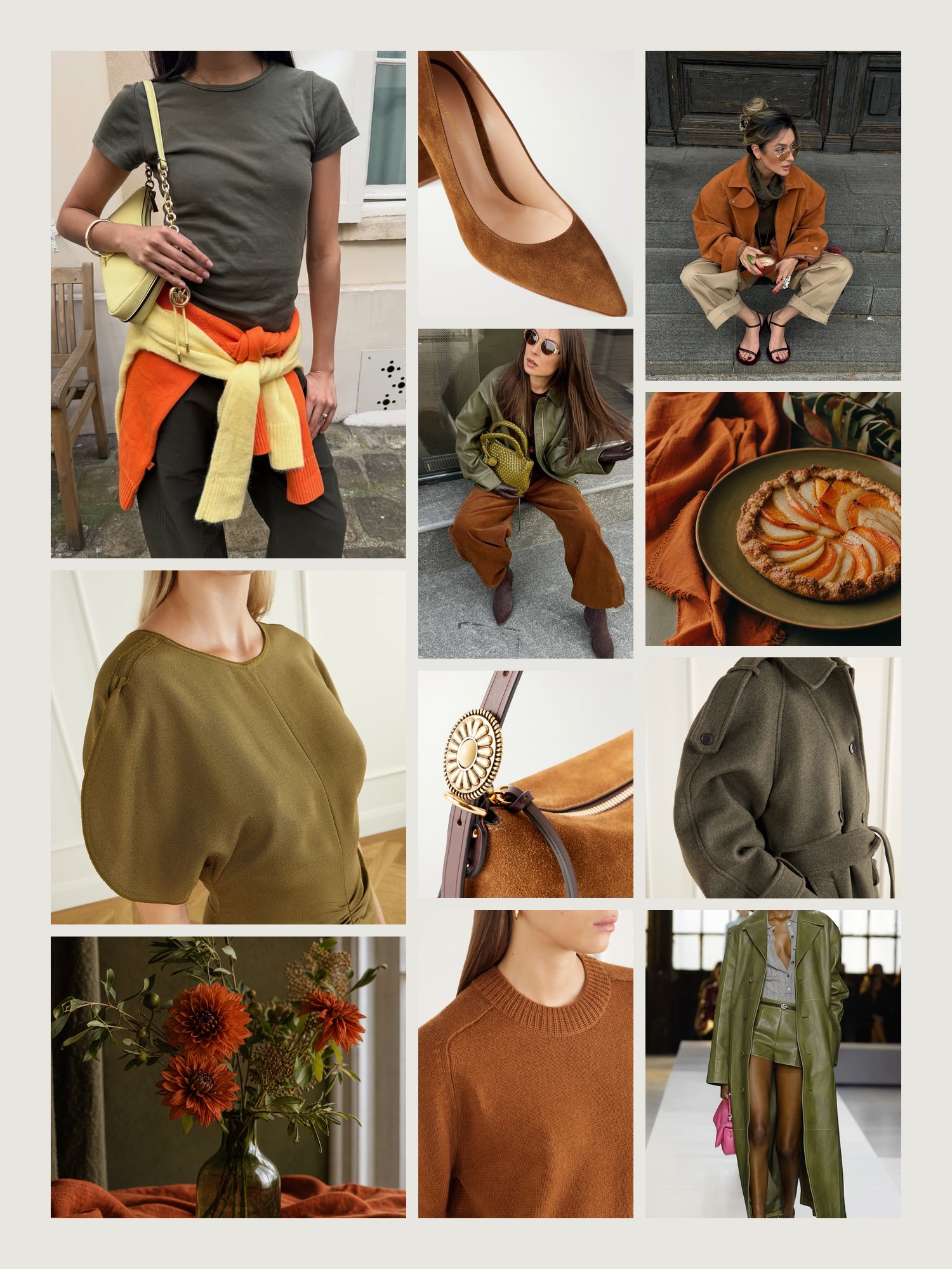 Mood board for rust and olive green outfits: four street-style photos of women wearing rust and olive green, close-ups of the Etro shoulder bag, the Gianvito Rossi pumps, the Allude sweater, the Victoria Beckham midi dress and the Skall coat from this edit, and two still lifes in both colors