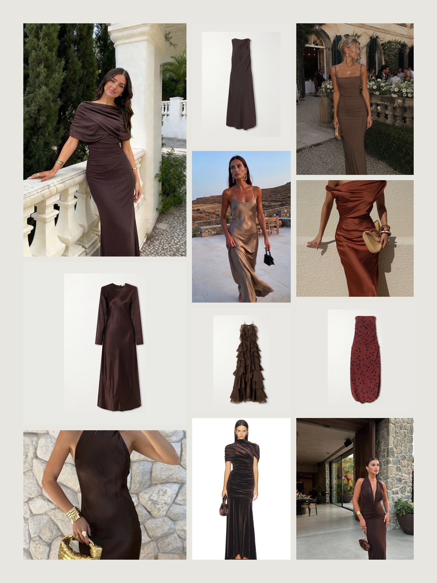Mood board for Brown Wedding Guest Dress: street-style photos, close-up details and product shots from this edit