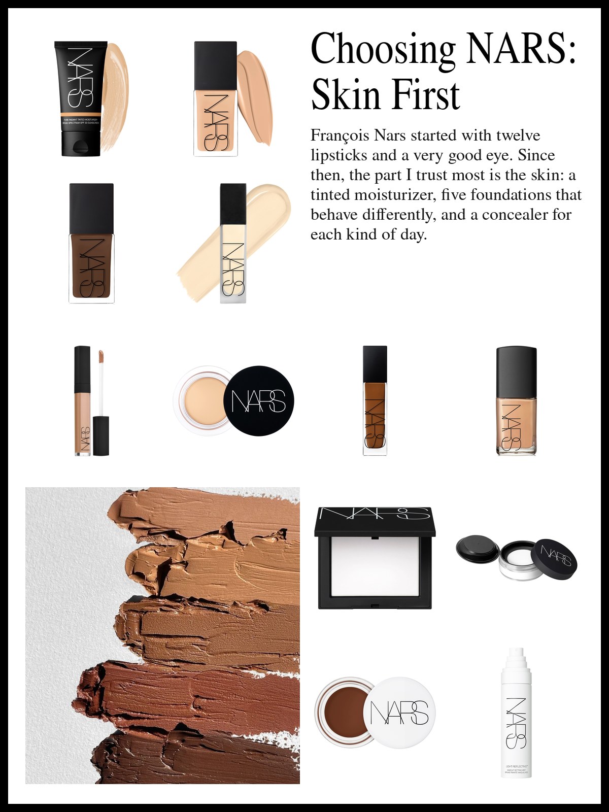 Collage of NARS foundations, concealers and powders beside a close photo of thick cream foundation swatches in tan, caramel, copper and deep chocolate brown, smeared across white textured paper.