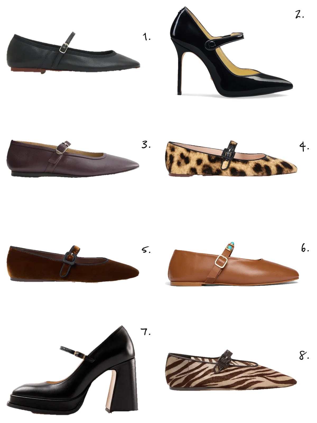 Numbered collage: 1. Mansur Gavriel Dance Mary Jane in Black; 2. Sarah Flint Perfect Mary Jane Pump 100; 3. Le Monde Béryl Ballet Mary Jane in Bordeaux; 4. Loeffler Randall Ginger Mary Jane in Leopard; 5. Loeffler Randall Ginger Mary Jane in Brown Velvet; 6. Freda Salvador Jane Mary Jane; 7. Souliers Martinez Casilda Mary Jane Pump; 8. Loeffler Randall Junia Mary Jane Flat in Zebra