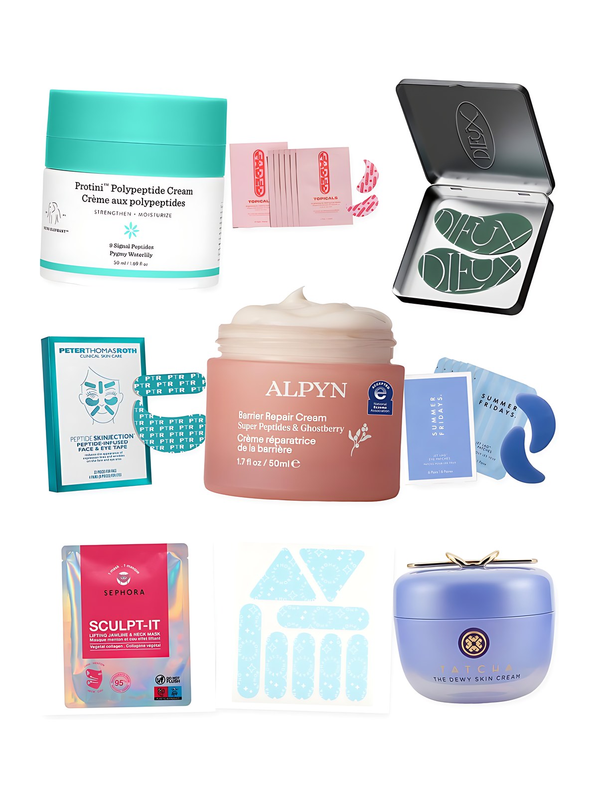 Collage on a white background showing Peter Thomas Roth Peptide Skinjection™ Peptide-Infused Face & Eye Tape for Wrinkles and Aging Skin, Summer Fridays Jet Lag™ Eye Patches, Drunk Elephant Protini™ Polypeptide Firming Refillable Moisturizer with Peptides, Sephora Collection Face Tape, Dieux Forever Eye Mask Reusable 100% Silicone Patches, Tatcha The Dewy Skin Cream Hydrating & Firming Refillable Moisturizer, Sephora Collection SCULPT-IT Lifting Jawline & Neck Mask, Topicals Faded Under Eye Brightening & Clearing Eye Masks and ALPYN Super Peptide Barrier Repair Moisturizer for Eczema, Wrinkles, Firming & Sensitive Skin.
