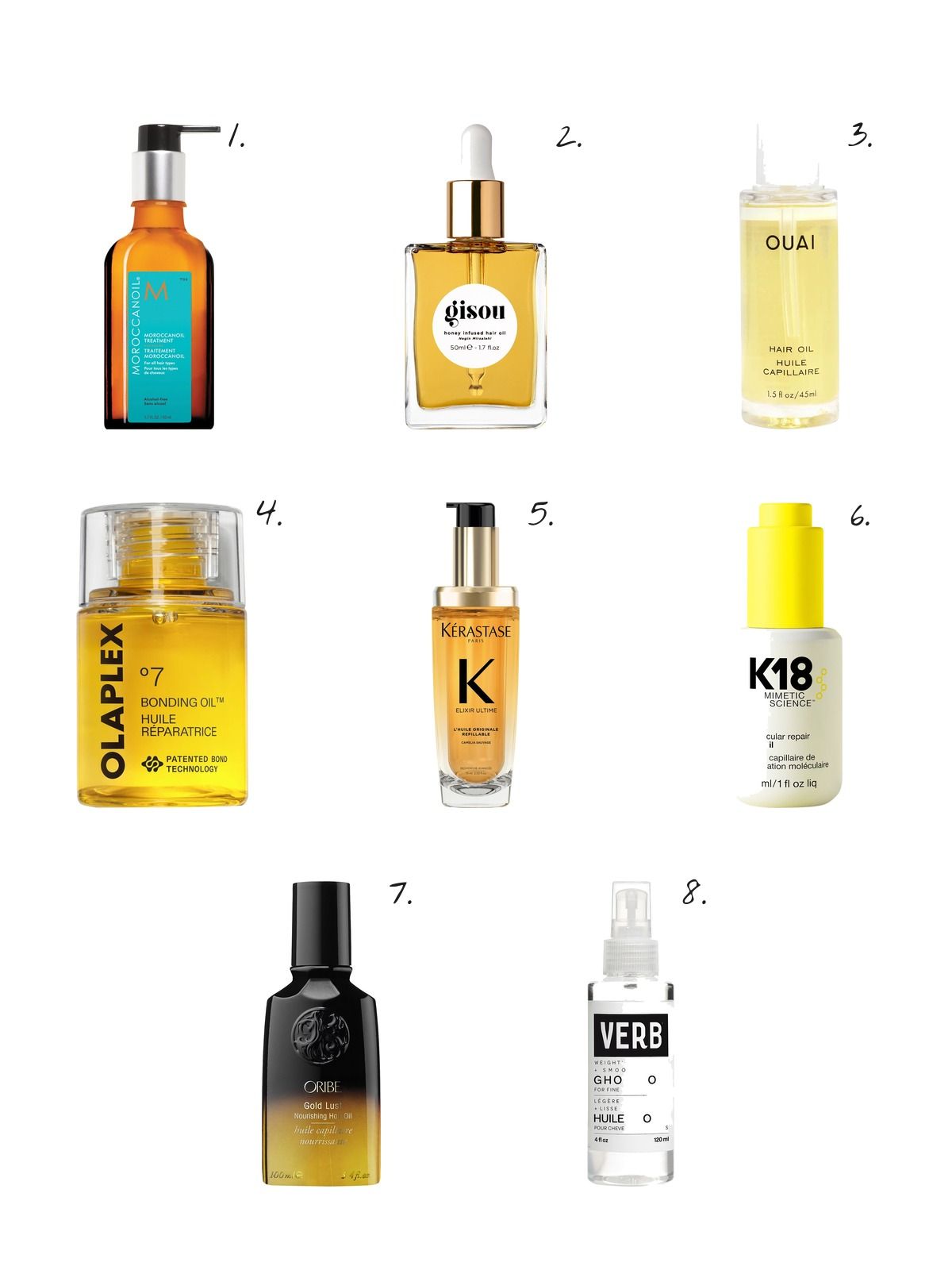 Numbered collage: 1. Moroccanoil Moroccanoil Treatment Hair Oil; 2. Gisou Honey Infused Hair Oil; 3. OUAI Lightweight Heat-Protecting Hair Oil for Frizz Control; 4. Olaplex No. 7 Bonding Frizz Reduction & Heat Protectant Hair Oil; 5. Kérastase Elixir Ultime Refillable Hydrating Hair Oil for Shine; 6. K18 Biomimetic Hairscience Molecular Repair Hair Oil; 7. Oribe Gold Lust Nourishing Frizz Reduction Hair Oil; 8. Verb Ghost Weightless Oil to Fight Frizz and Enhance Shine