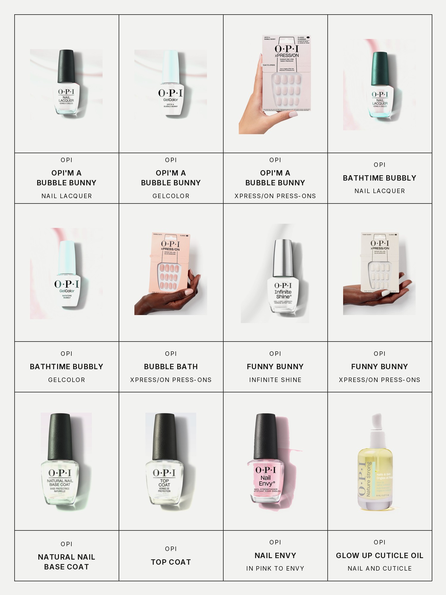 Twelve boxes on a pale grey page, one for each product in this edit, each with its brand and name printed below: OPI Nail Lacquer in OPI'm a Bubble Bunny, OPI GelColor in OPI'm a Bubble Bunny, OPI xPress/On Press-On Nails in OPI'm a Bubble Bunny, OPI Nail Lacquer in Bathtime Bubbly, OPI GelColor in Bathtime Bubbly, OPI xPress/On Press-On Nails in Bubble Bath, OPI Infinite Shine Nail Polish in Funny Bunny, OPI xPress/On Press-On Nails in Funny Bunny, OPI Natural Nail Base Coat, OPI Top Coat, OPI Nail Envy Nail Strengthener in Pink to Envy and OPI Glow Up Nail and Cuticle Oil.