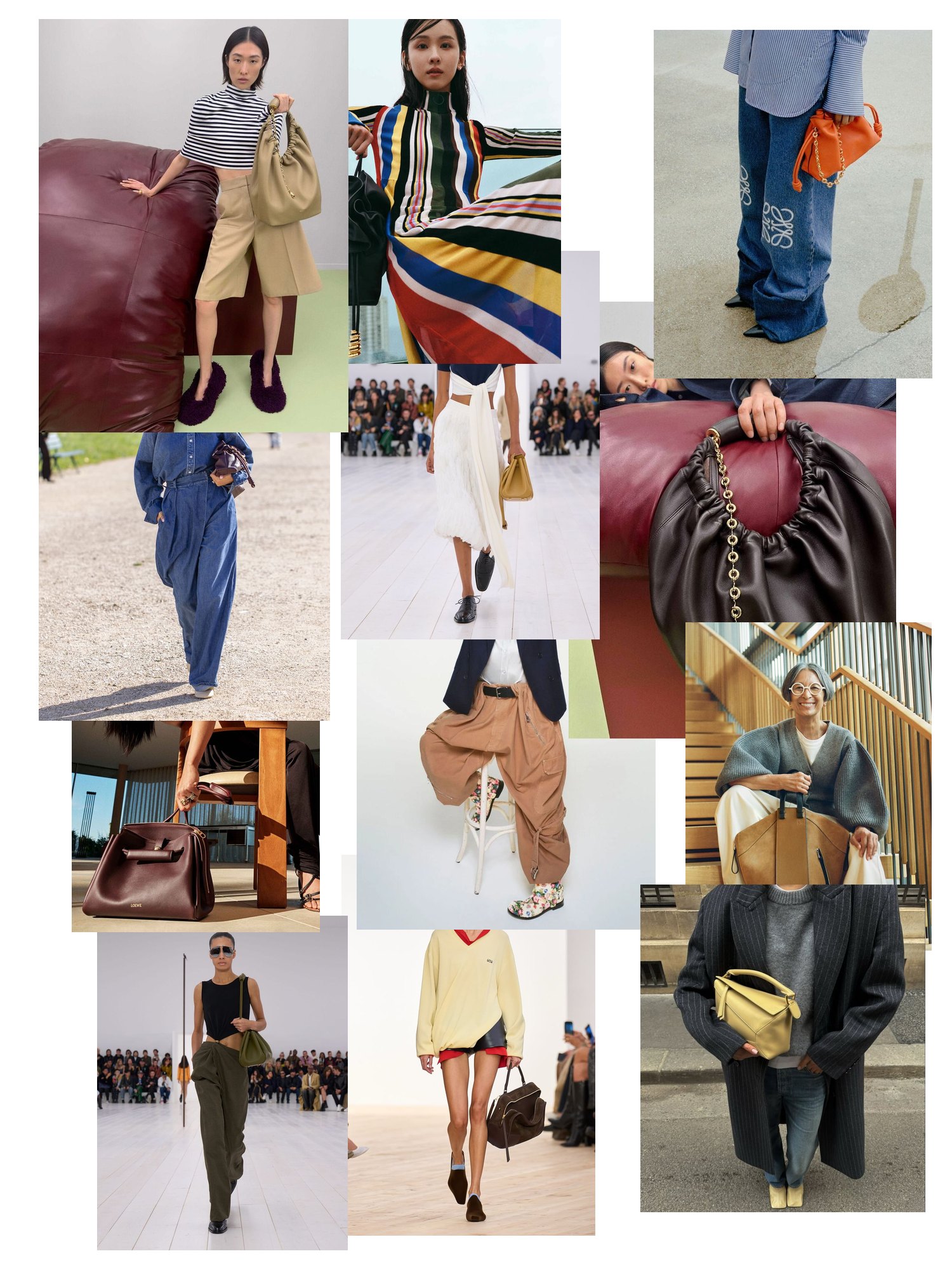 Street-style collage of 12 outfit photos featuring loewe, scattered and overlapping