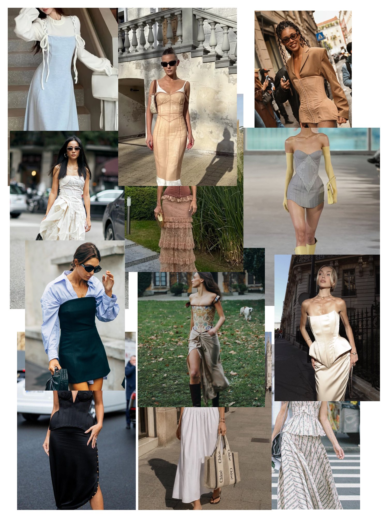 Street-style collage of 12 outfit photos featuring corset dress, scattered and overlapping