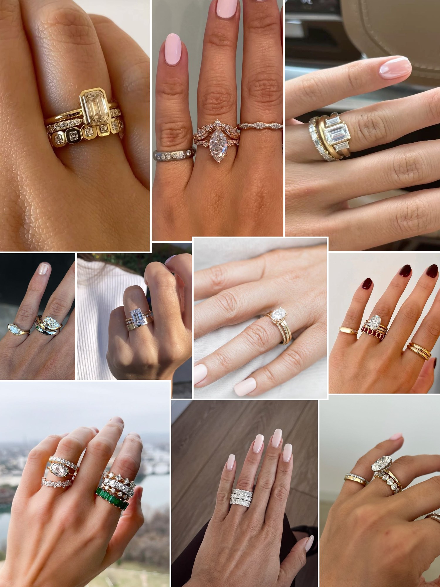 Street style collage of women wearing wedding ring stack