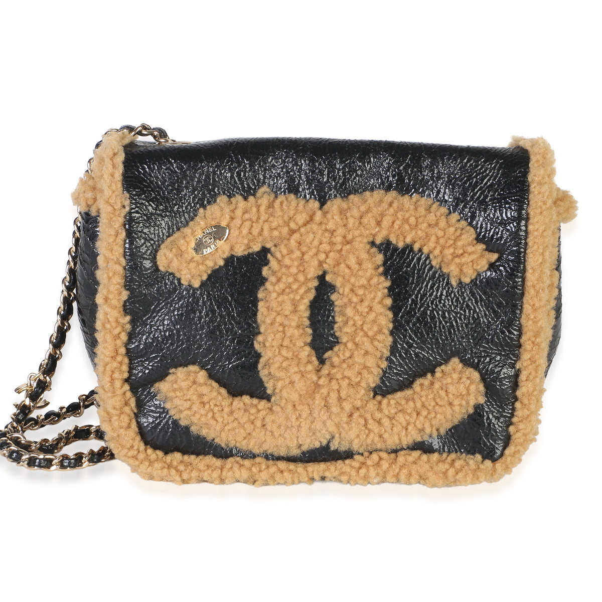 Chanel Black Shiny Crumpled Sheepskin Shearling CC Mania Flap Bag