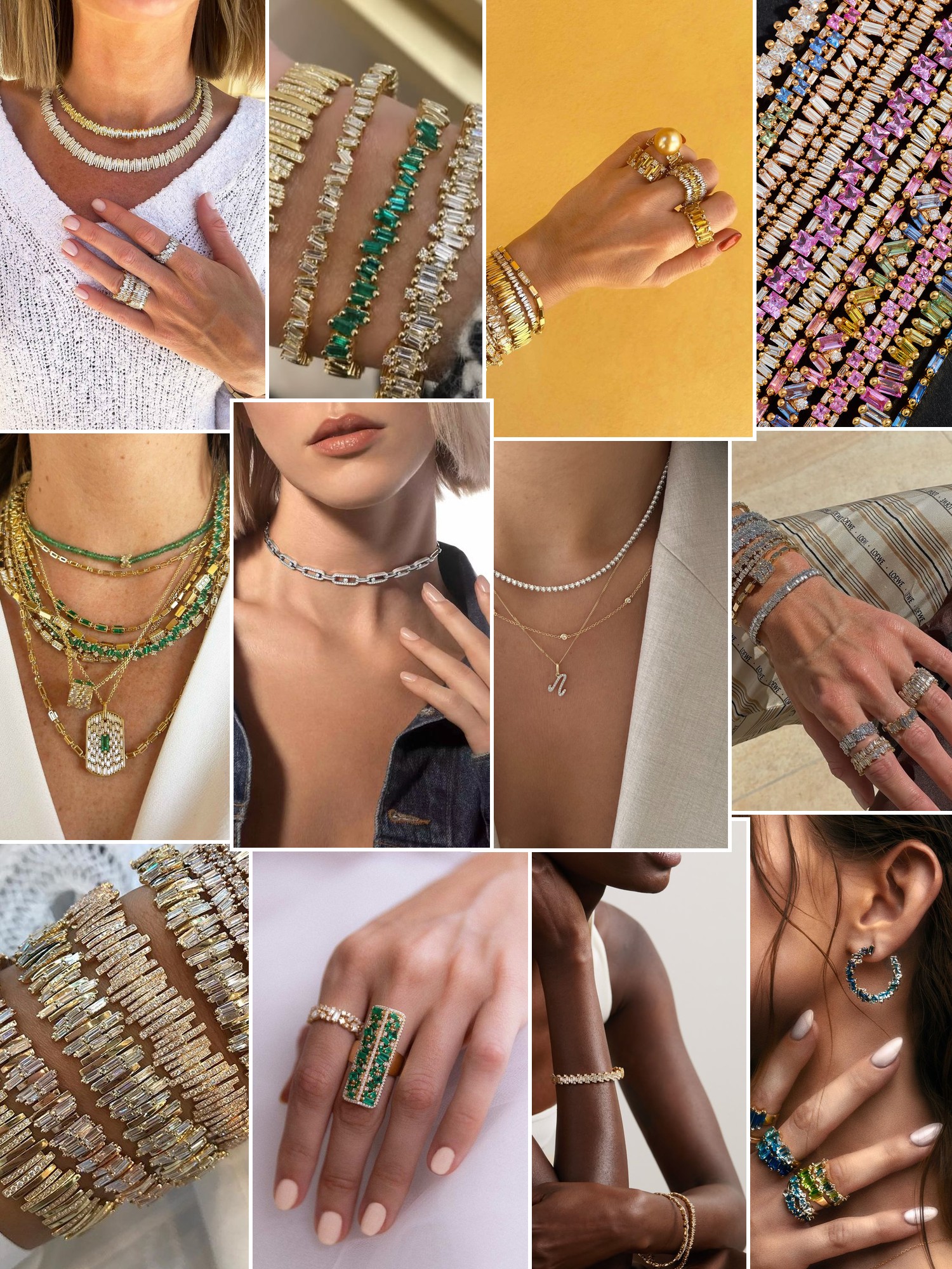 Collage of rings, earrings and layered necklaces worn up close, in the spirit of Suzanne Kalan