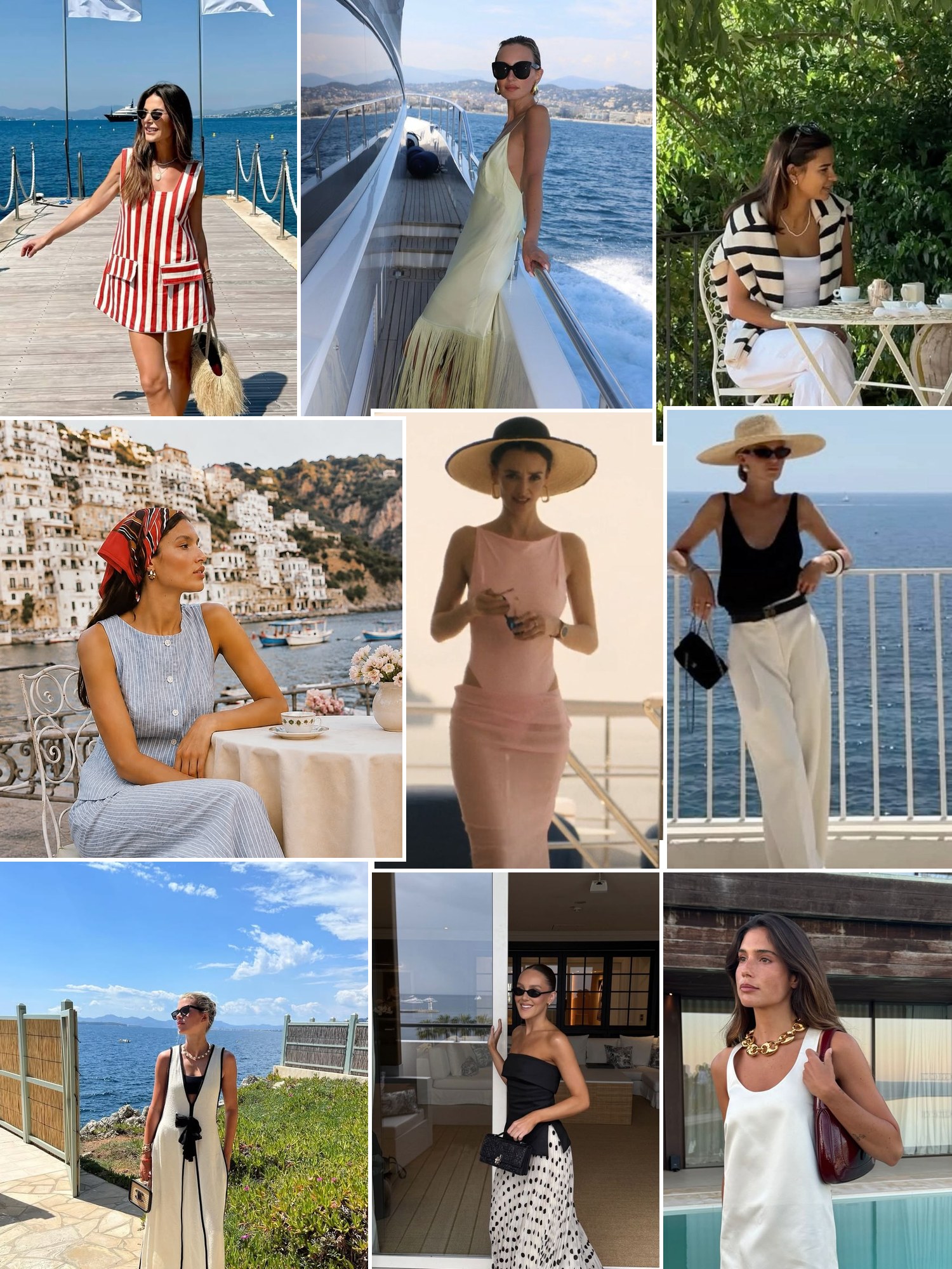 Street style collage of women in Breton stripes, linen and espadrilles on the Riviera