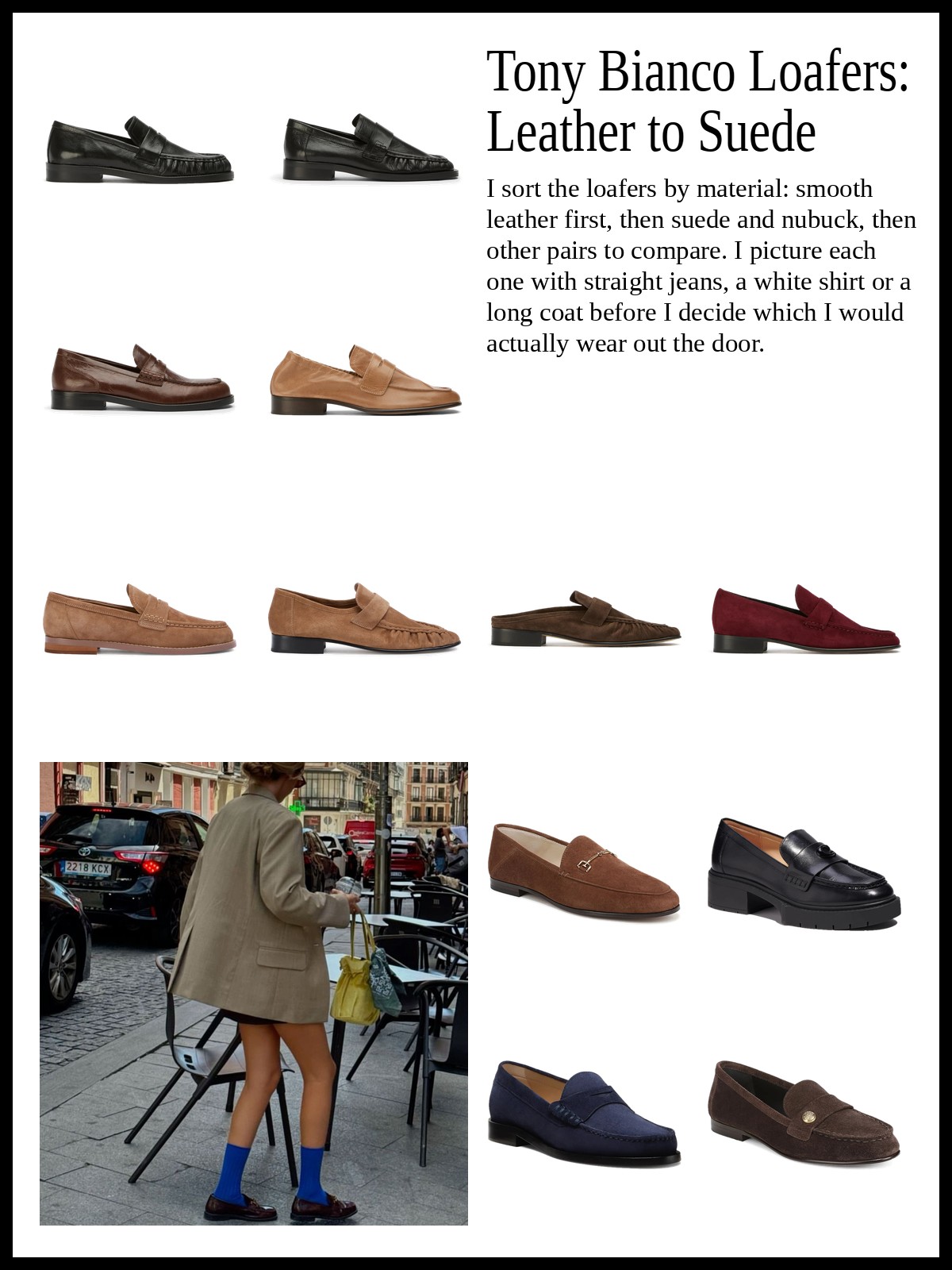 Collage of black and brown leather loafers, taupe and espresso suede loafers, and lug-sole and patent penny loafers, and a mood photo of dark loafers with bright blue socks
