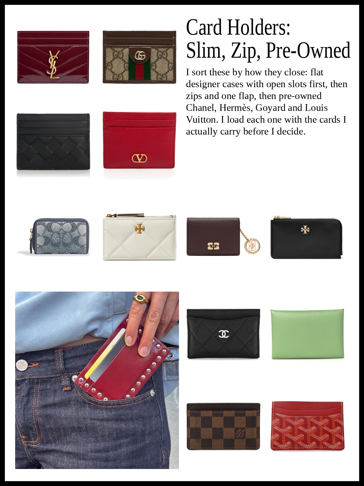 Collage of slim designer card holders, zip and flap card cases, and pre-owned quilted, canvas and envelope card holders, with a red studded card holder in a jeans pocket